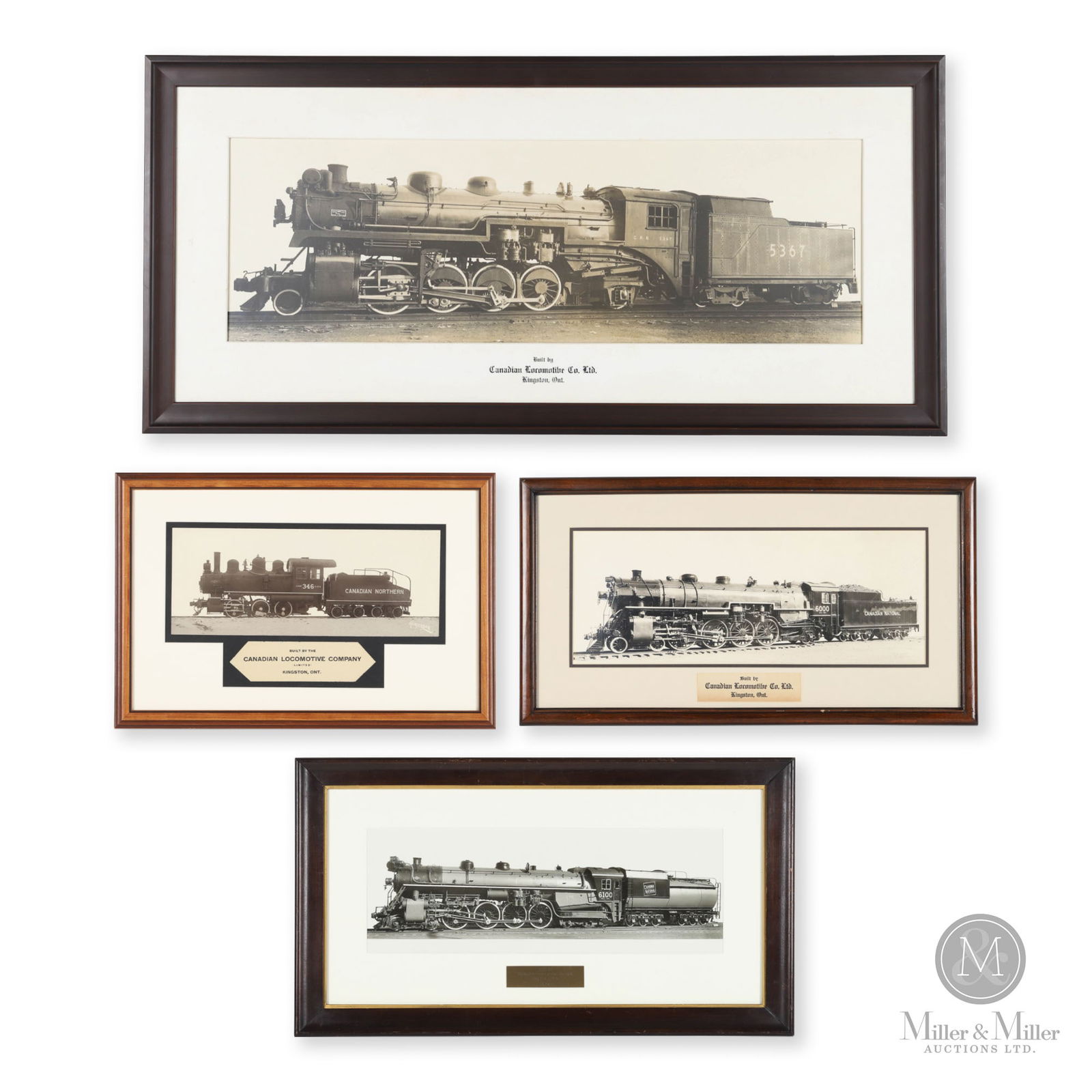 Canadian Locomotive Co. Builder's Portraits: Canadian. 1910s-1930s. Real panoramic photographs, matted and framed. Framed: 21" x 14", 25.5" x 13.5", 27" x 15", and 44.5" x 21". From the William Robert Wilson Collection.