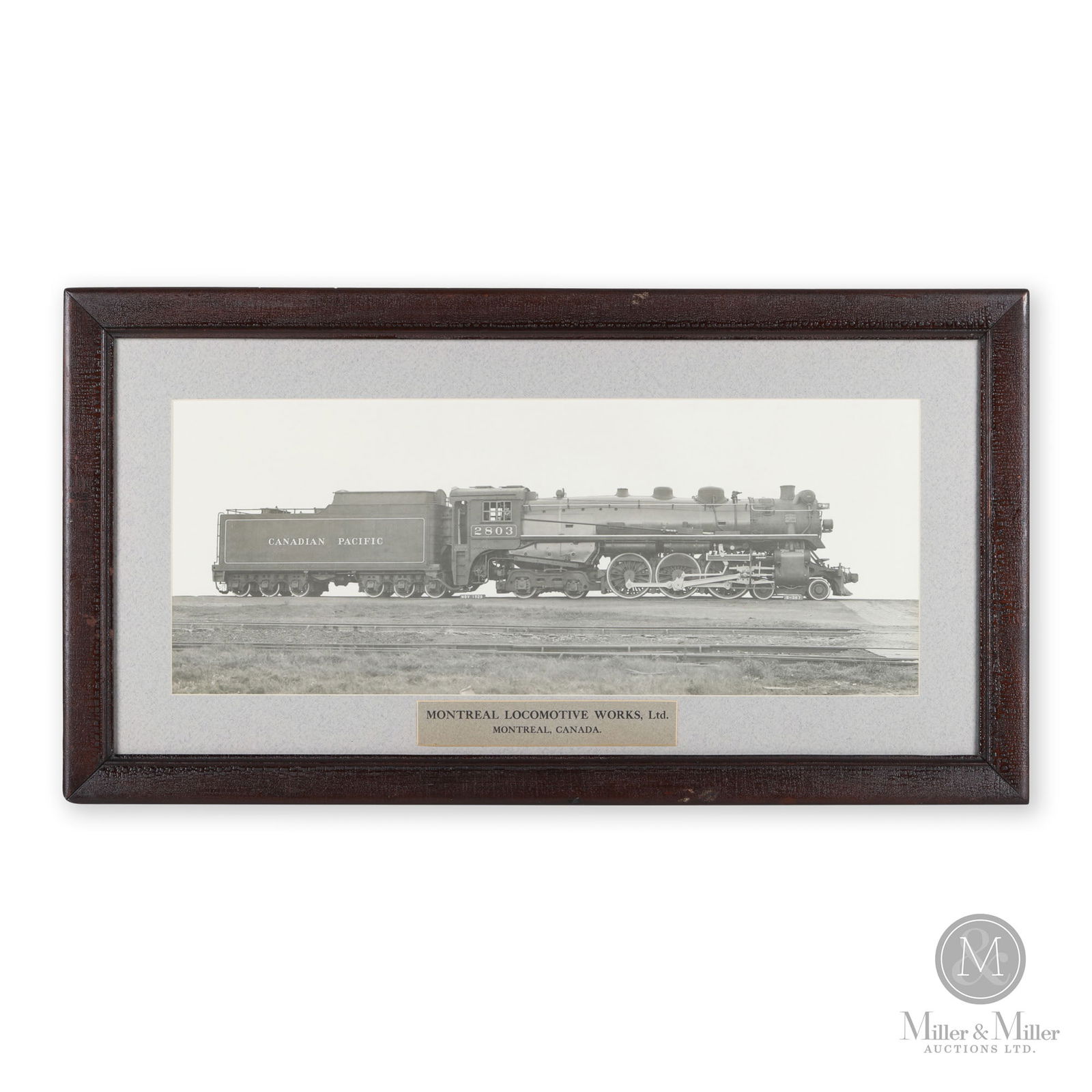 Montreal Locomotive Works Canadian Pacific No. 2803 Builder's Portrait: Canadian. 1920s. Real photograph in original frame and matting. 15.75" x 29.5" x 0.75". From the William Robert Wilson Collection.