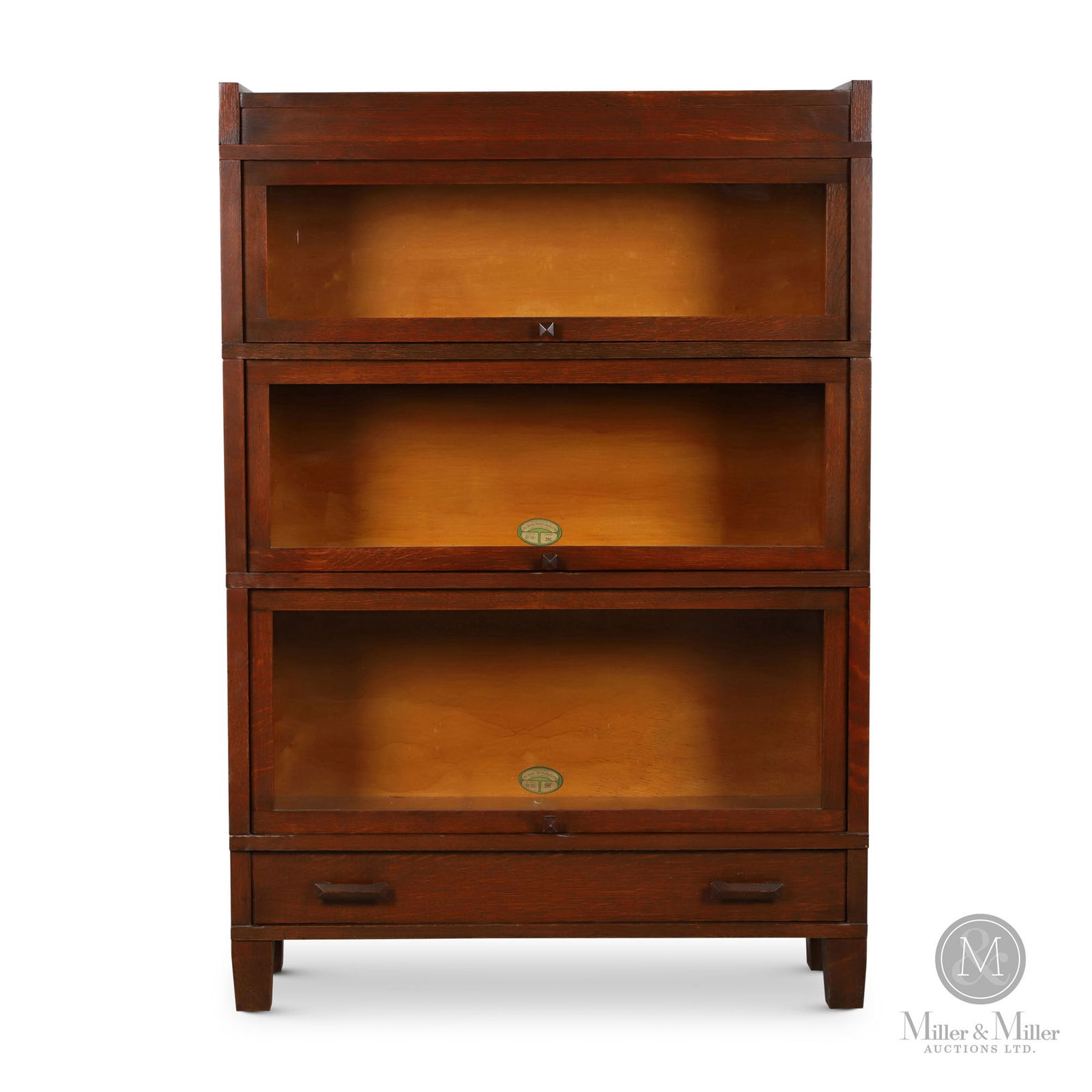 3-Section Stacking Barrister's Bookcase: Canadian. 1920s. Quarter sawn oak. Tagged, "The Globe-Wernicke Co. Ltd., Stratford, Ont", inside sections. 50.5" x 34.5" x 11.25". From the William Robert Wilson Collection.