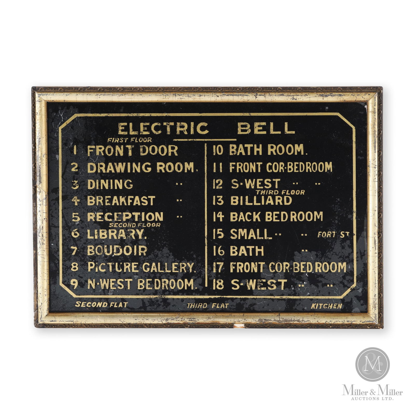 Mansion Reception Electric Bell Directory Sign: Canadian. 1920s. Reverse painted glass, framed. 10.5" x 15.25" x 0.75". From the William Robert Wilson Collection.