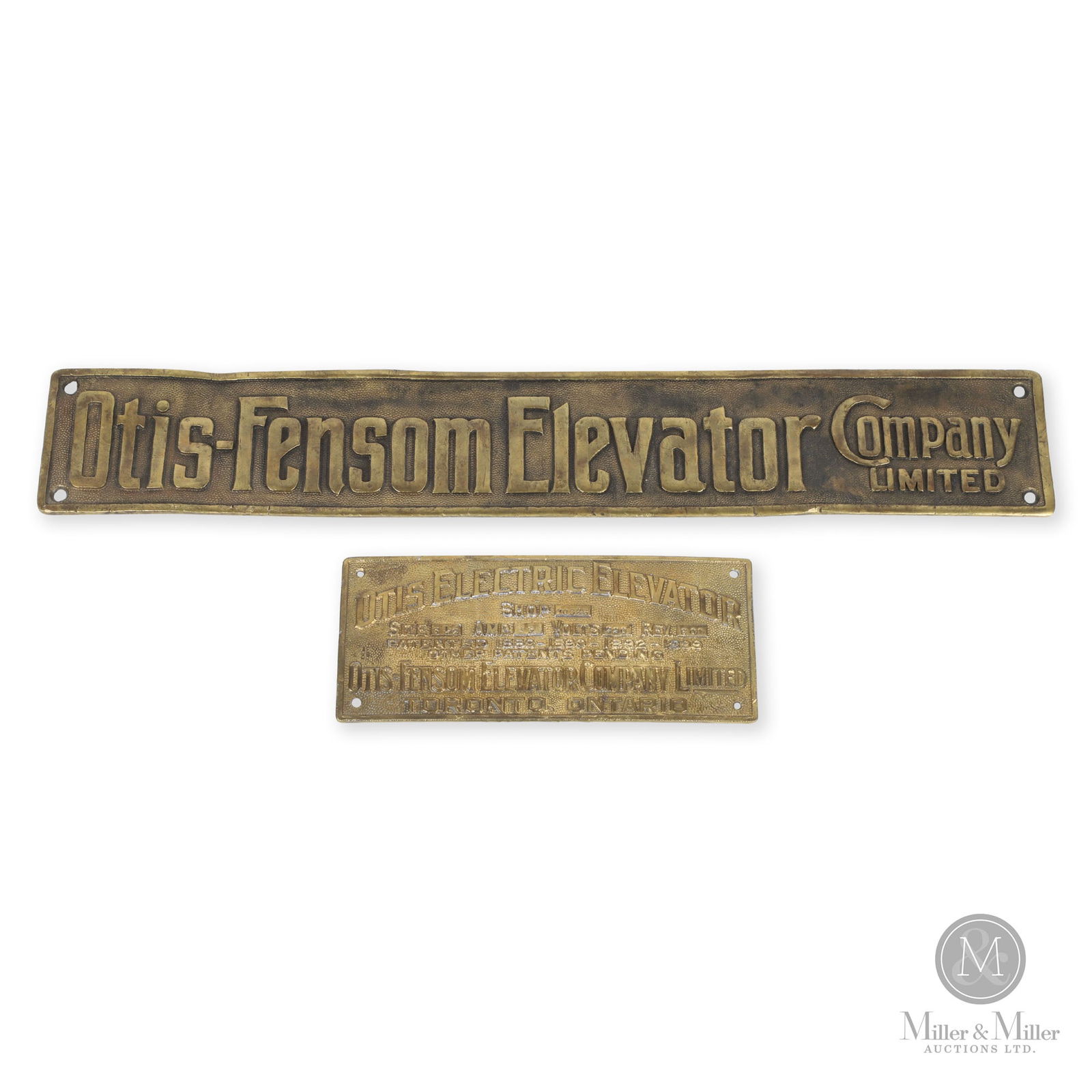 Otis-Fensom Elevator Company Brass Plaques: Canadian. 1900s. Cast brass. 4" x 24" x 0.25". Smaller plate: 4.25" x 9.5". From the William Robert Wilson Collection.
