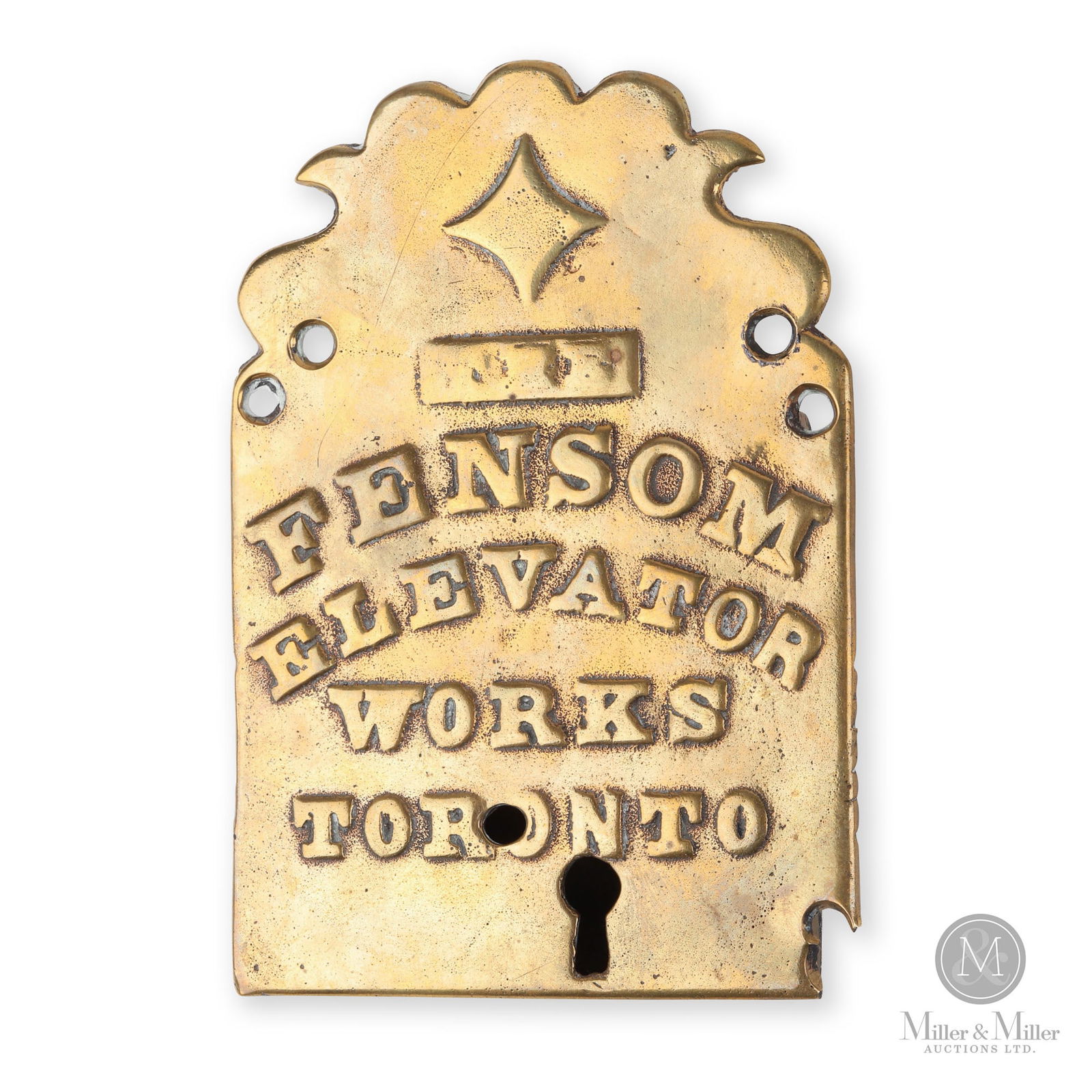 Fensom Elevator Works, Toronto Box Lock: Canadian. 1880s. Brass. 6.25" x 4.25" x 1". From the William Robert Wilson Collection.