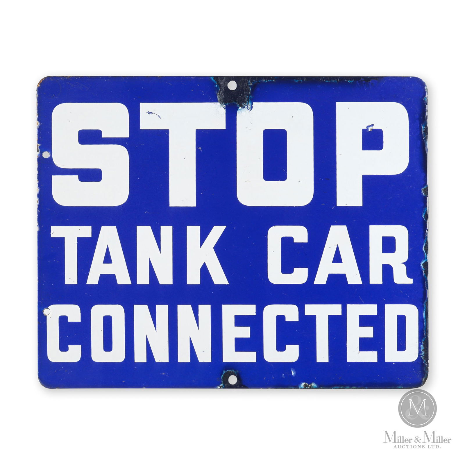 Stop Tank Car Connected Sign: Canadian. 1930s. Single-sided porcelain (SSP). 12" x 15". From the William Robert Wilson Collection.