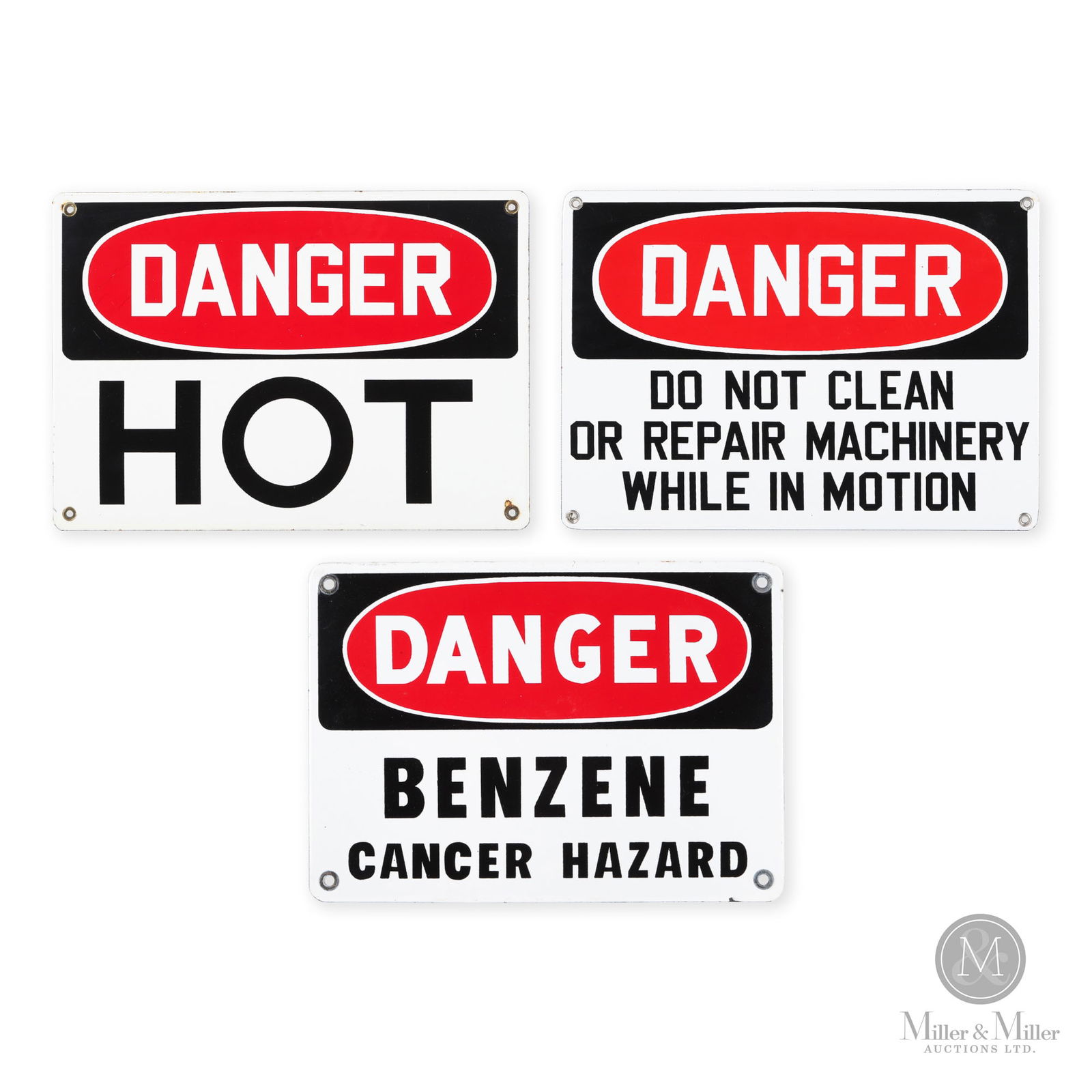 Workplace Danger Signs: American. 1940s-1950s. Single-sided porcelain (SSP). Smallest sign: 8" x 12". Larger signs: 10" x 14". From the William Robert Wilson Collection.