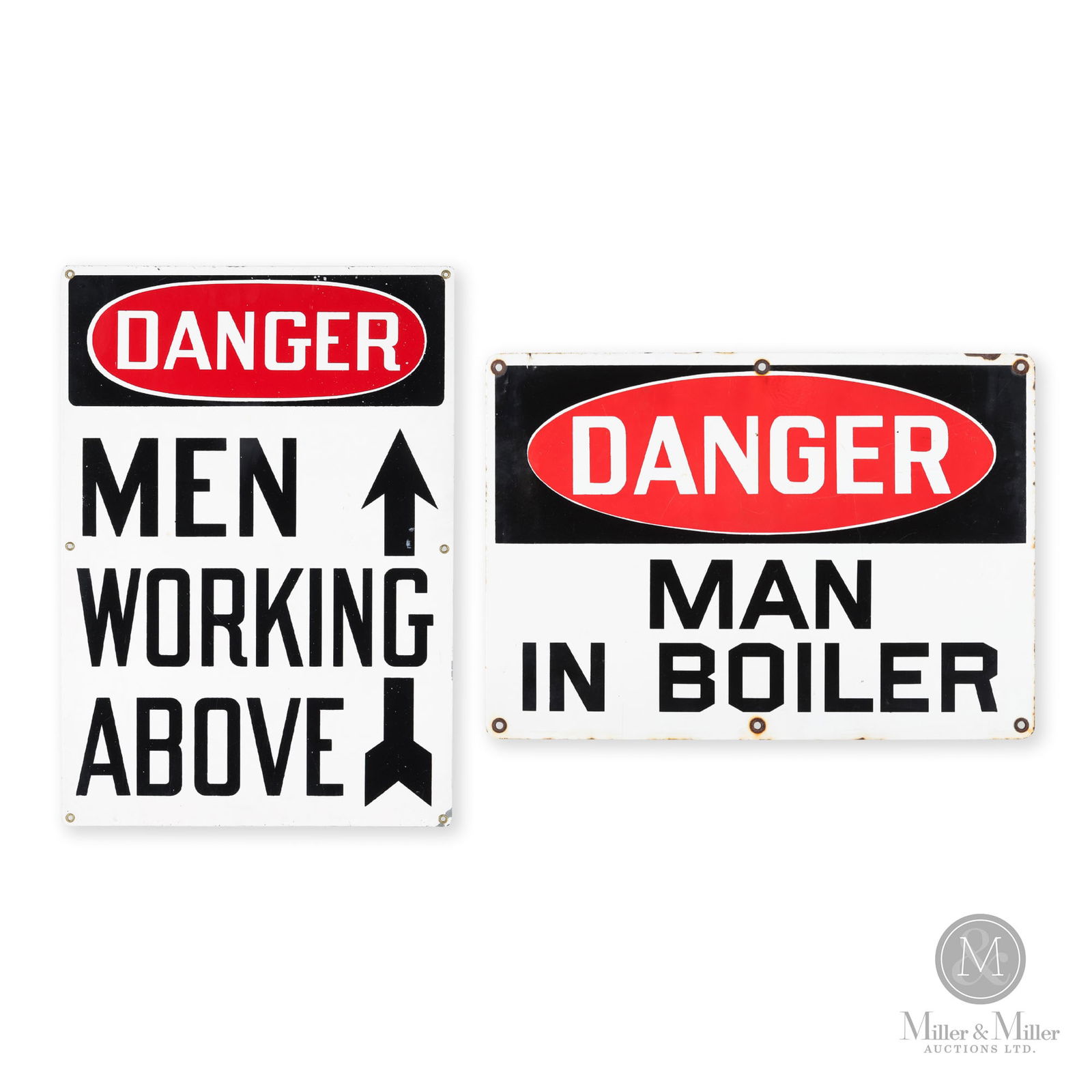 Man in Boiler & "Men Working Above" Signs: American. 1950s. Single-sided porcelain (SSP). 14" x 20". From the William Robert Wilson Collection.