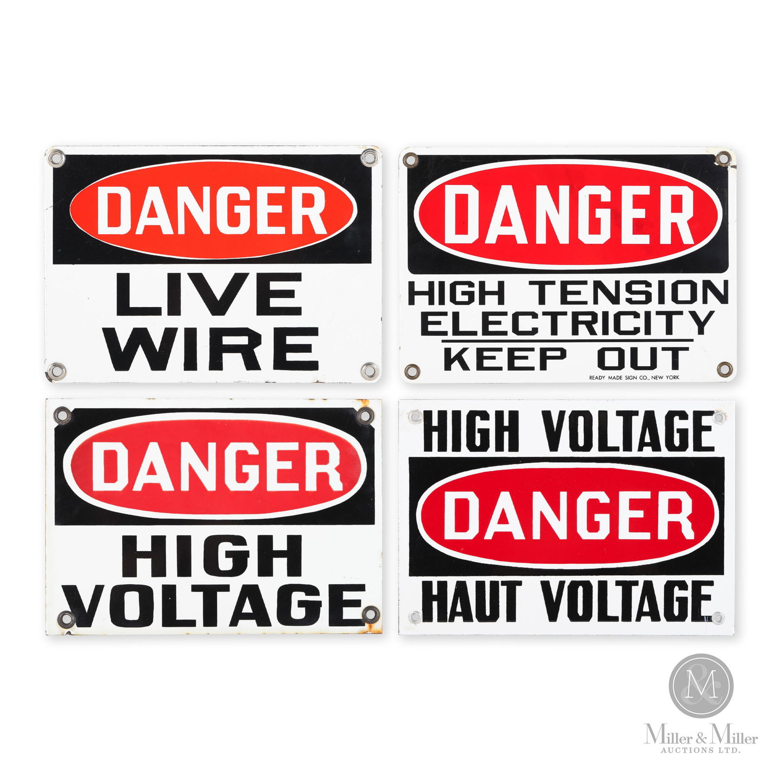 Electrical Danger Signs: Canadian and American. 1950s. Single-sided porcelain (SSP). Marked, "Ready Made Sign Co., New York" bottom right edge of one sign. Each: 7" x 10". From the William Robert Wilson Collection.