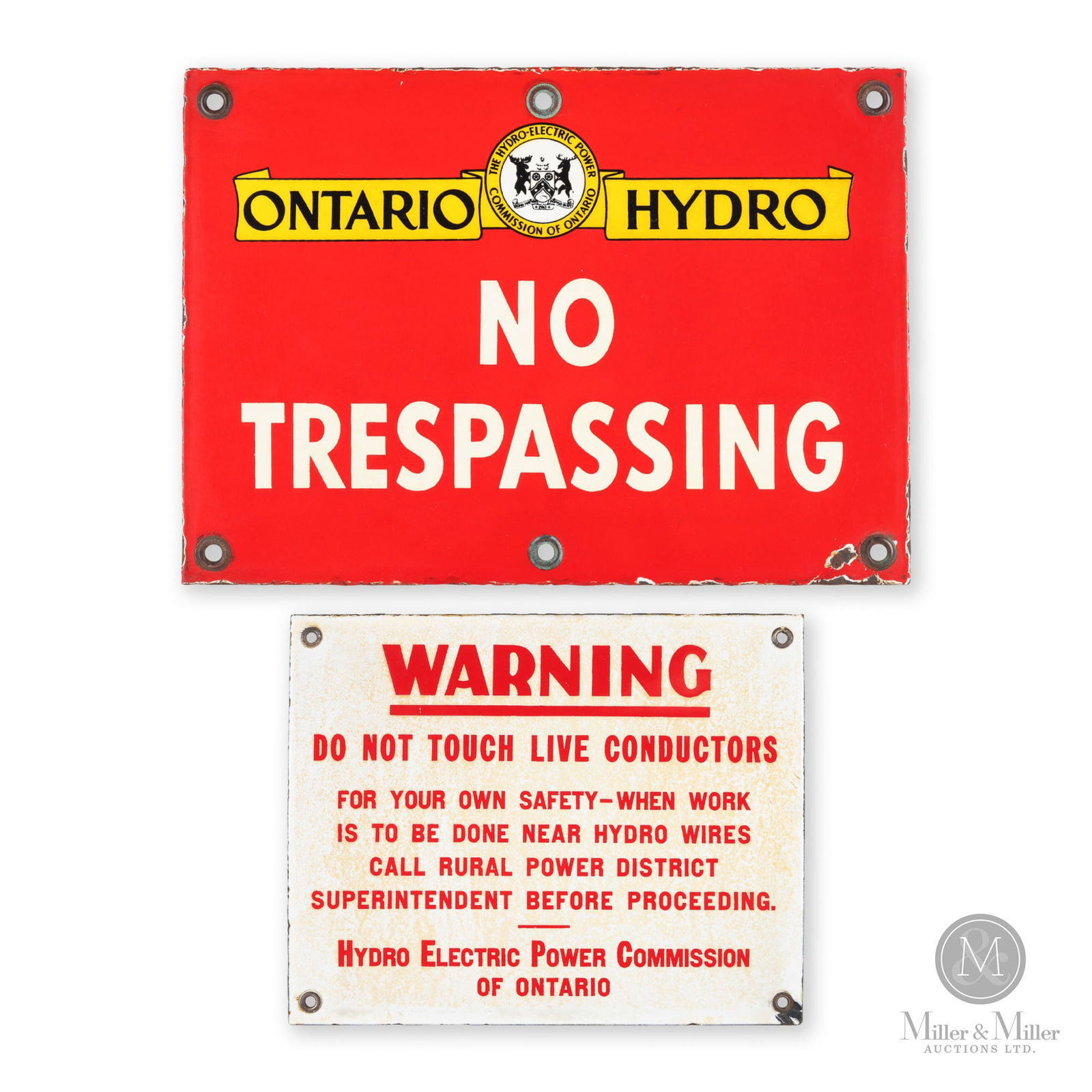 Ontario Hydro Warning & Trespassing Signs: Canadian. 1940s. Single-sided porcelain (SSP). Warning sign: 8" x 10". Trespassing sign: 10" x 14". From the William Robert Wilson Collection.