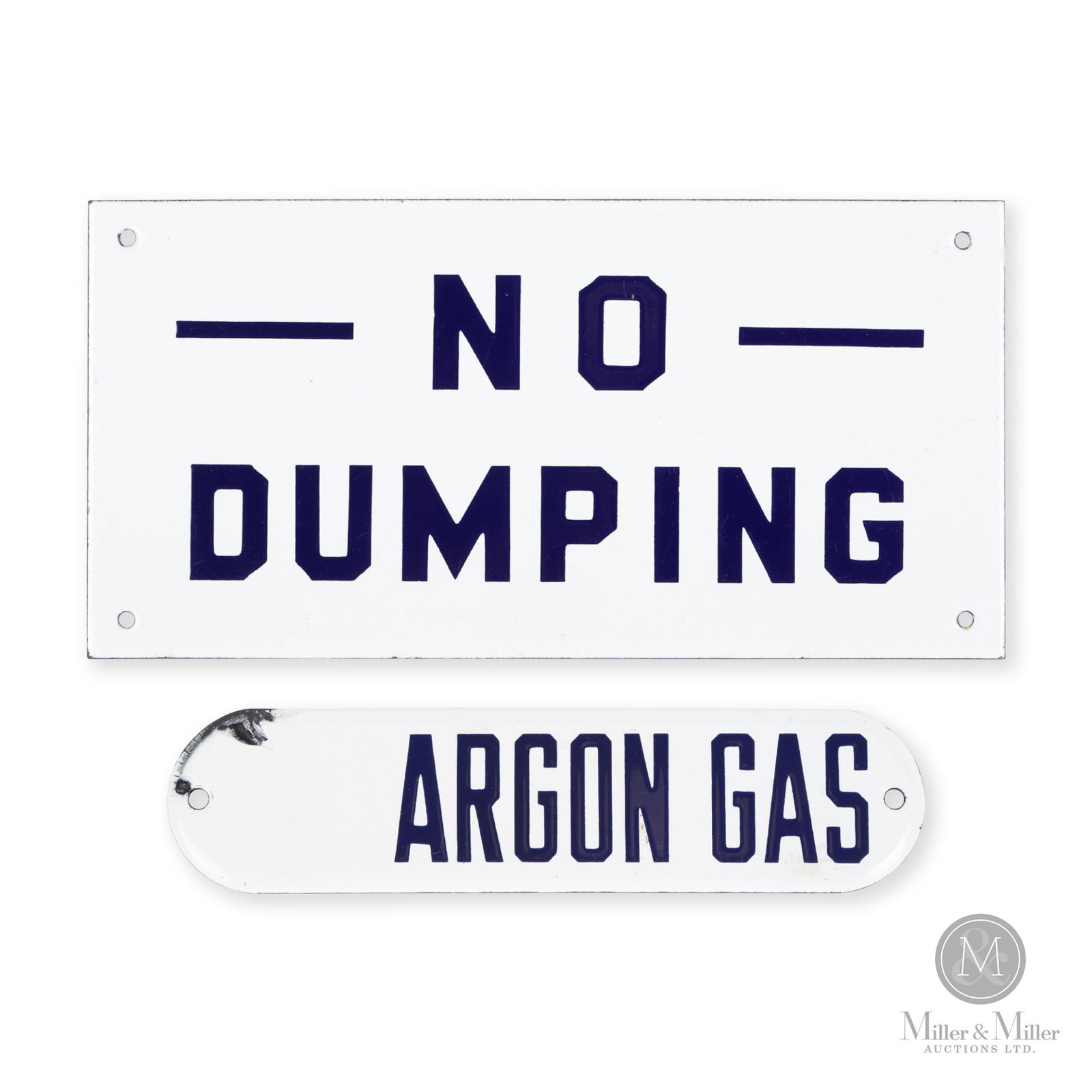 No Dumping & "Argon Gas" Signs: American. 1940s. Single-sided porcelain (SSP). 2.5" x 10" and 6" x 12". From the William Robert Wilson Collection.