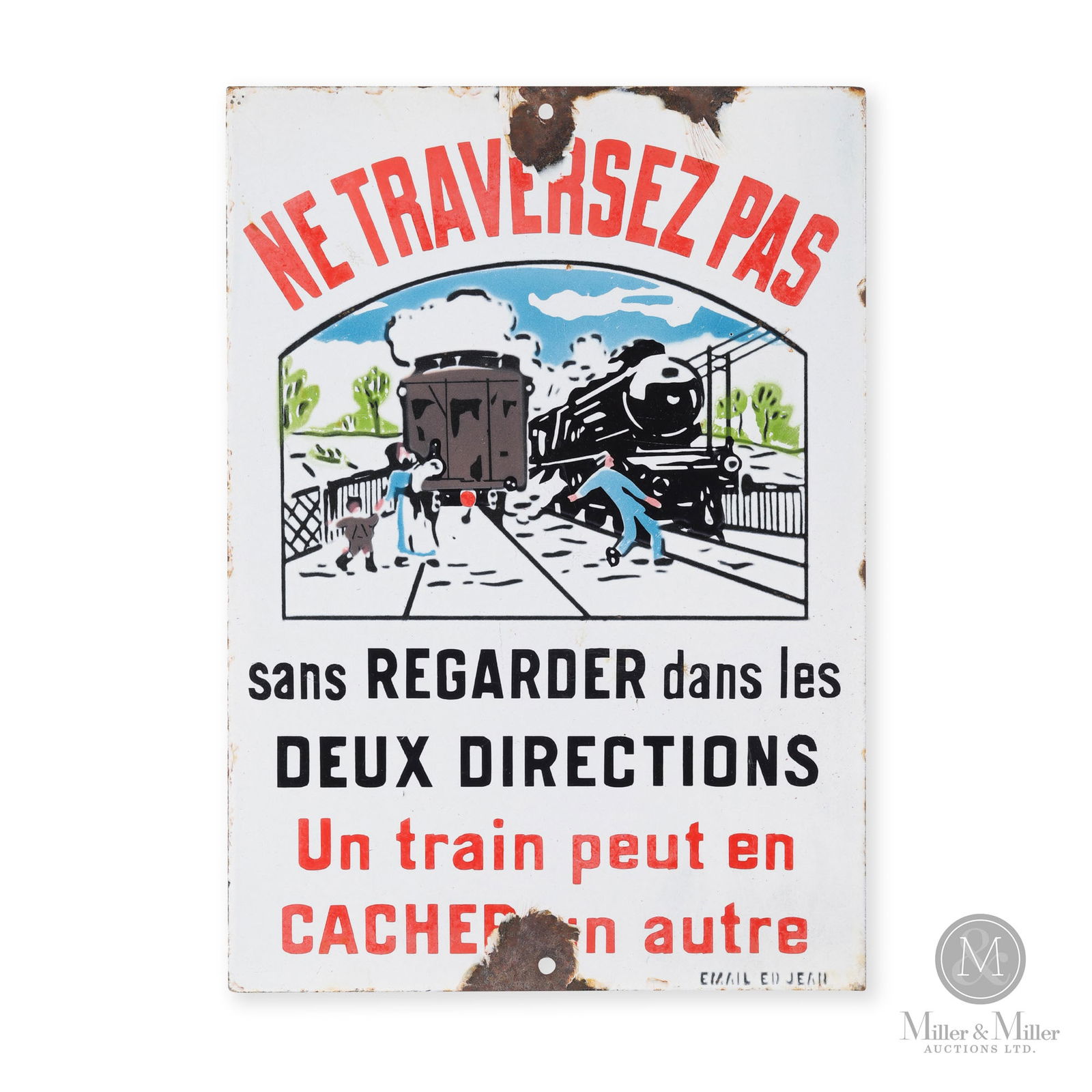 Danger Train Crossing Sign: French. 1930s. Single-sided porcelain (SSP). Marked, "Amail Ed Gean", bottom right edge. 15" x 10.5". From the William Robert Wilson Collection.