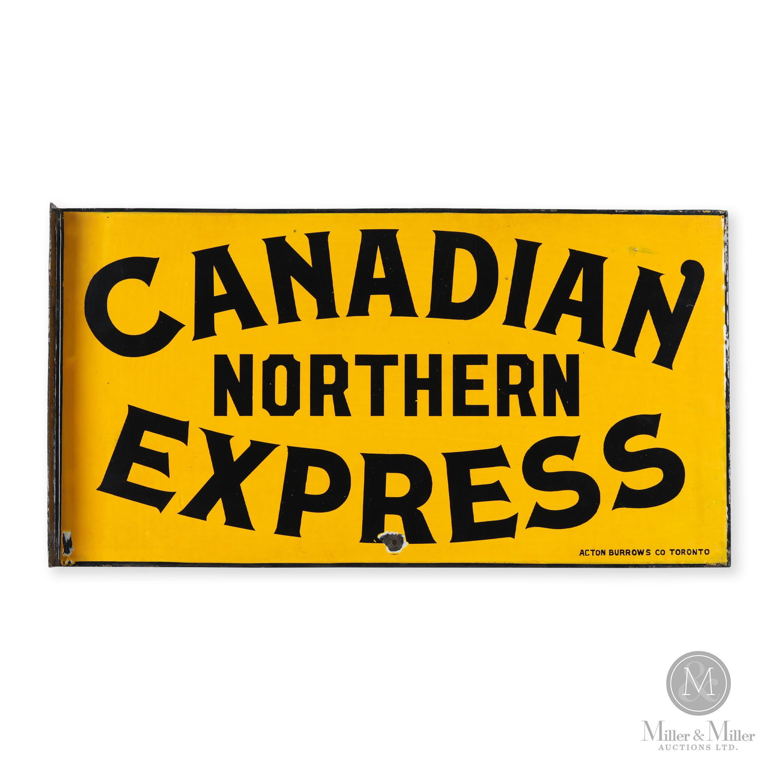Canadian Northern Express Sign: Canadian. 1910s. Double-sided porcelain flange (DSPF). Rare. Marked, "Acton Burrows Co. Toronto", lower edge both sides. 14" x 26.25". From the William Robert Wilson Collection.