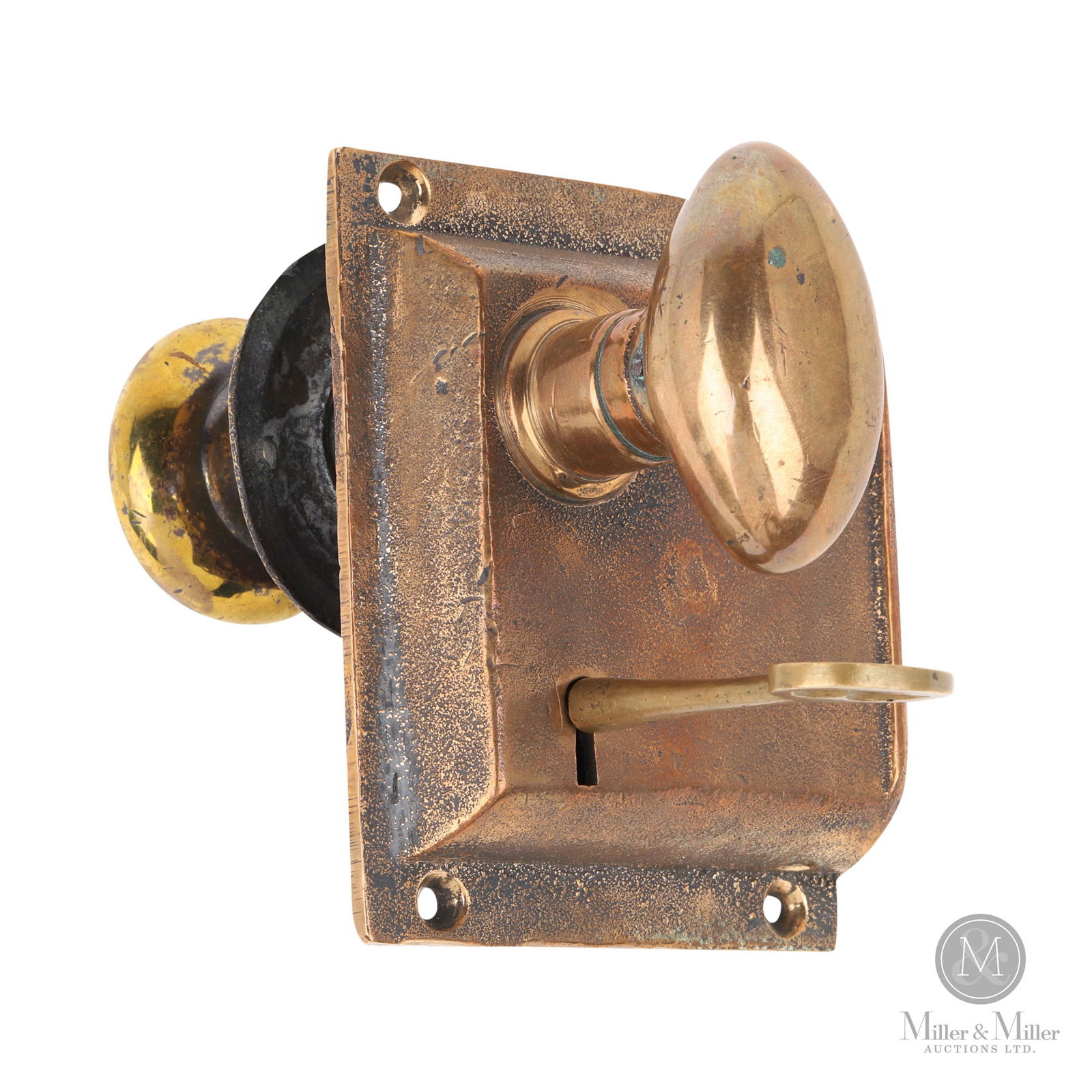 Canadian Pacific Railway Coach Door Lock Set: Canadian. 1930s. Brass. Includes correct key. Marked, "CPR H646M", on the rear of the hardware. 4.75" x 4" x 6". From the William Robert Wilson Collection.