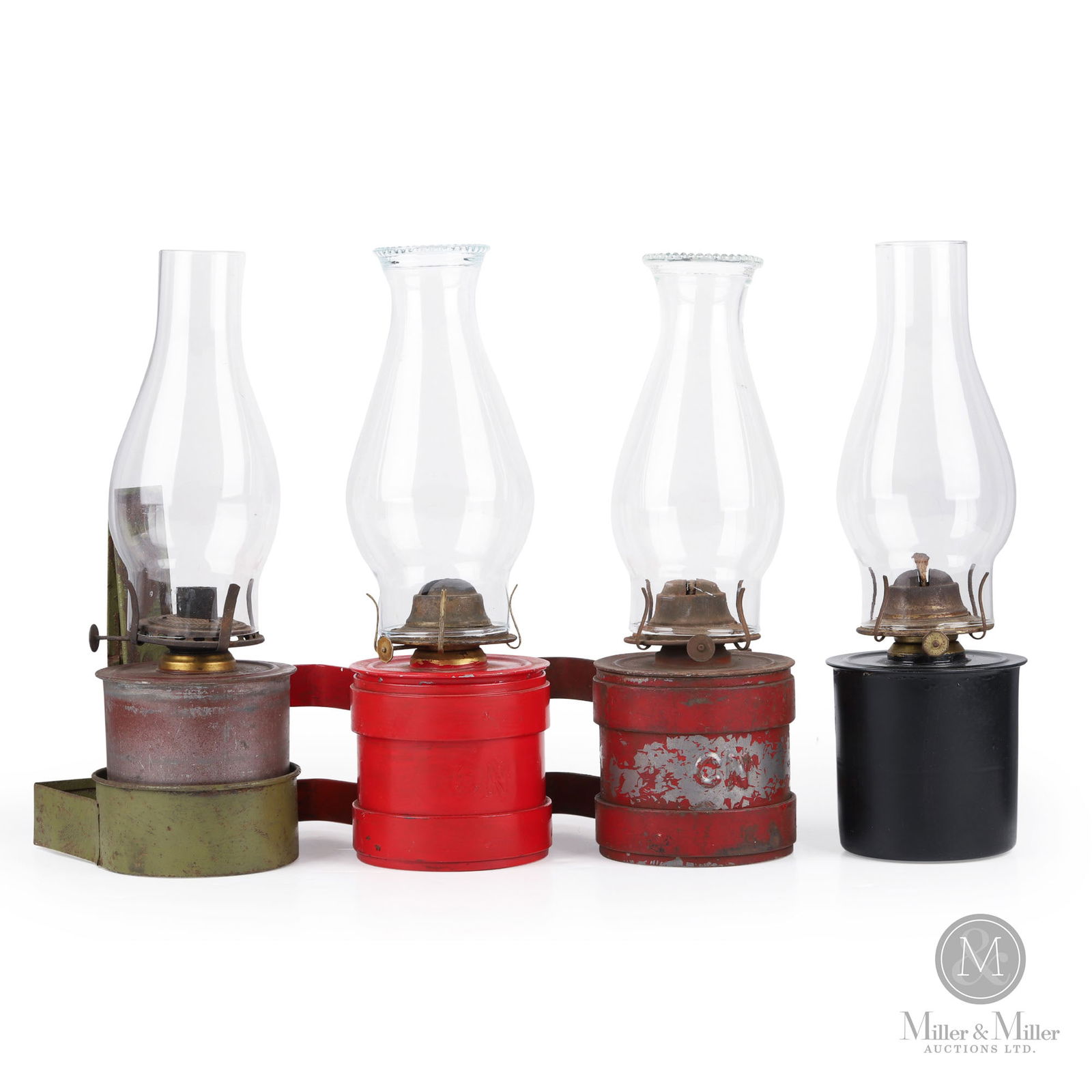 Canadian Northern Railway Wall Sconce Lamps: Canadian. 1910s. Painted steel founts, glass chimneys. Embossed, "CN", on two of four founts. 6.25" x 4.25" x 7.5" for each fount and bracket (excluding chimney). From the William Robert Wilson Collec