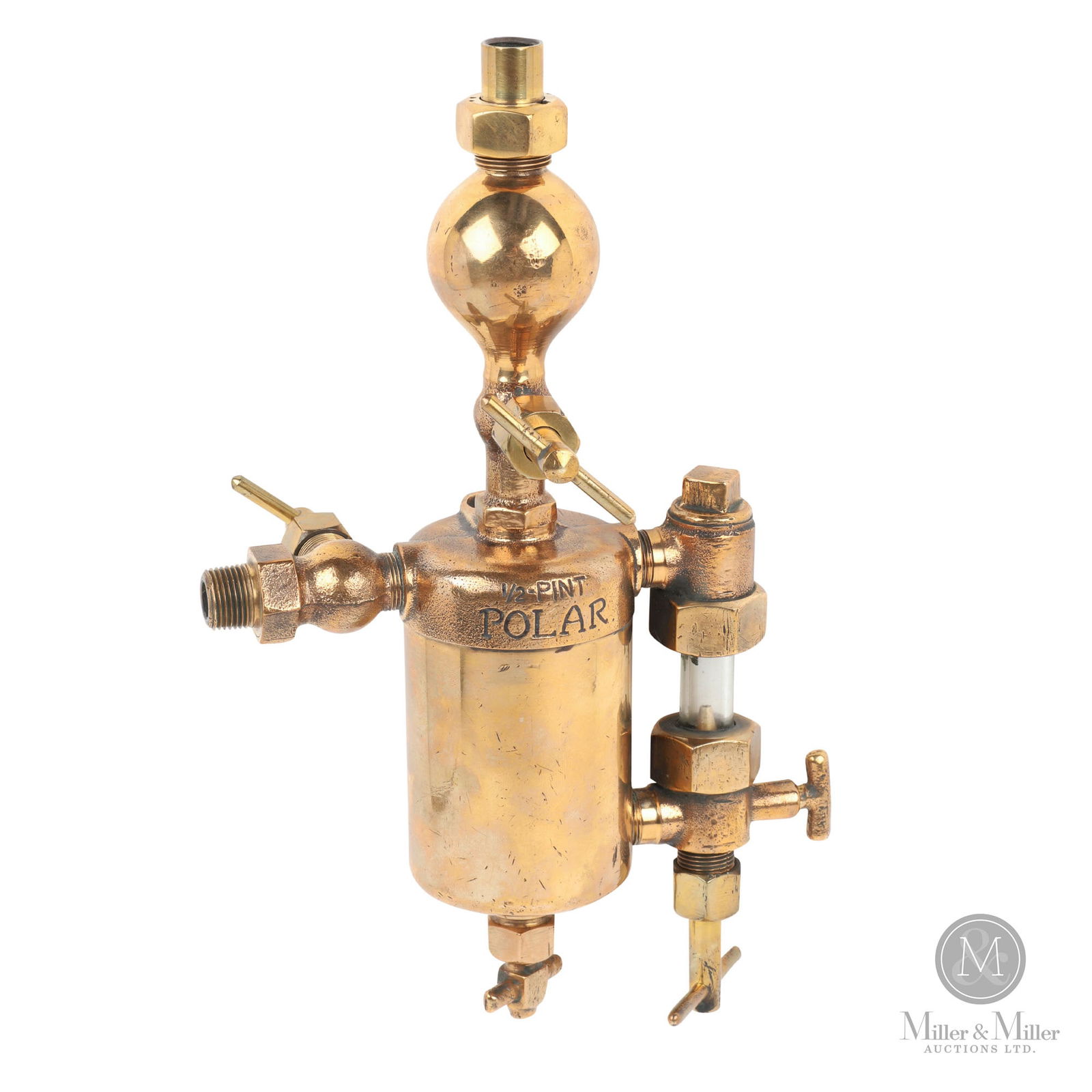 Penberthy 1/2 Pint Polar Hydrostatic Lubricator: Canadian. 1920s. Brass with resin knobs. Stamped, "Penberthy One Half-Pint", on collar of main body. 10.5" x 3.25" x 6". From the William Robert Wilson Collection.