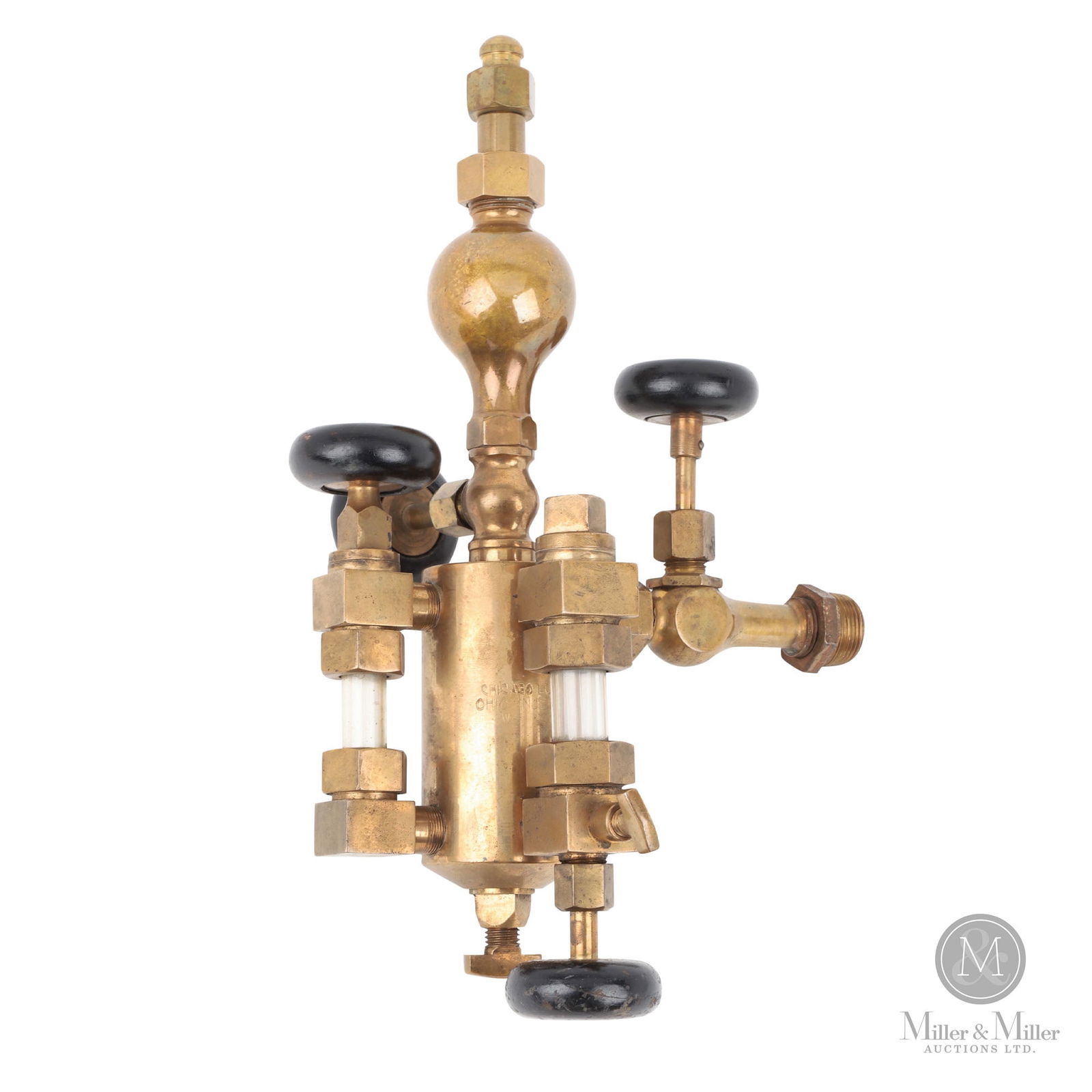 Chicago Hydrostatic Lubricator: American. 1920s. Brass with resin knobs. Marked, "Chicago Lubricator Ohio injector". 13.5" x 8" x 5". From the William Robert Wilson Collection.