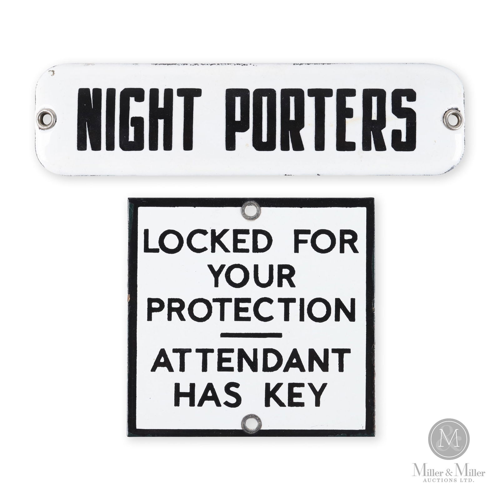 Night Porters & Washroom Signs: Canadian. 1930s-1940s. Single-sided porcelain (SSP). Night Porters sign: 1.75" x 7". Attendant sign: 4" x 4". From the William Robert Wilson Collection.