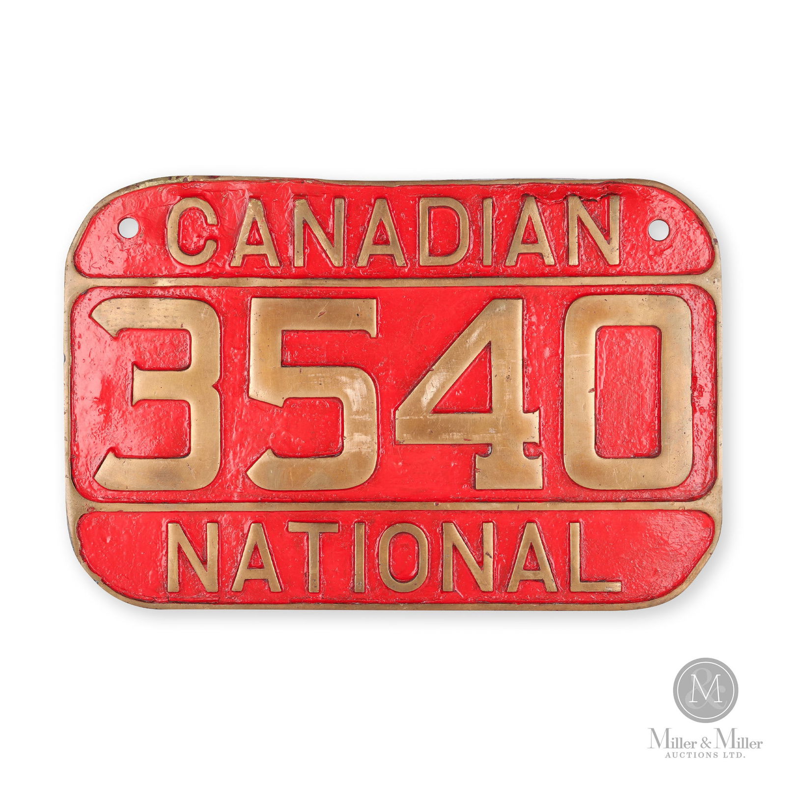 Canadian National Locomotive Number Plate 3540: Canadian. 1923. Brass. 282 Mikado. Class S-2-a. Montreal Locomotive Works build. Built-in Aug 1923. Serial number 64490. Scrapped in Aug 1961. 11" x 16.75" x 0.5". From the William Robert Wilson Colle