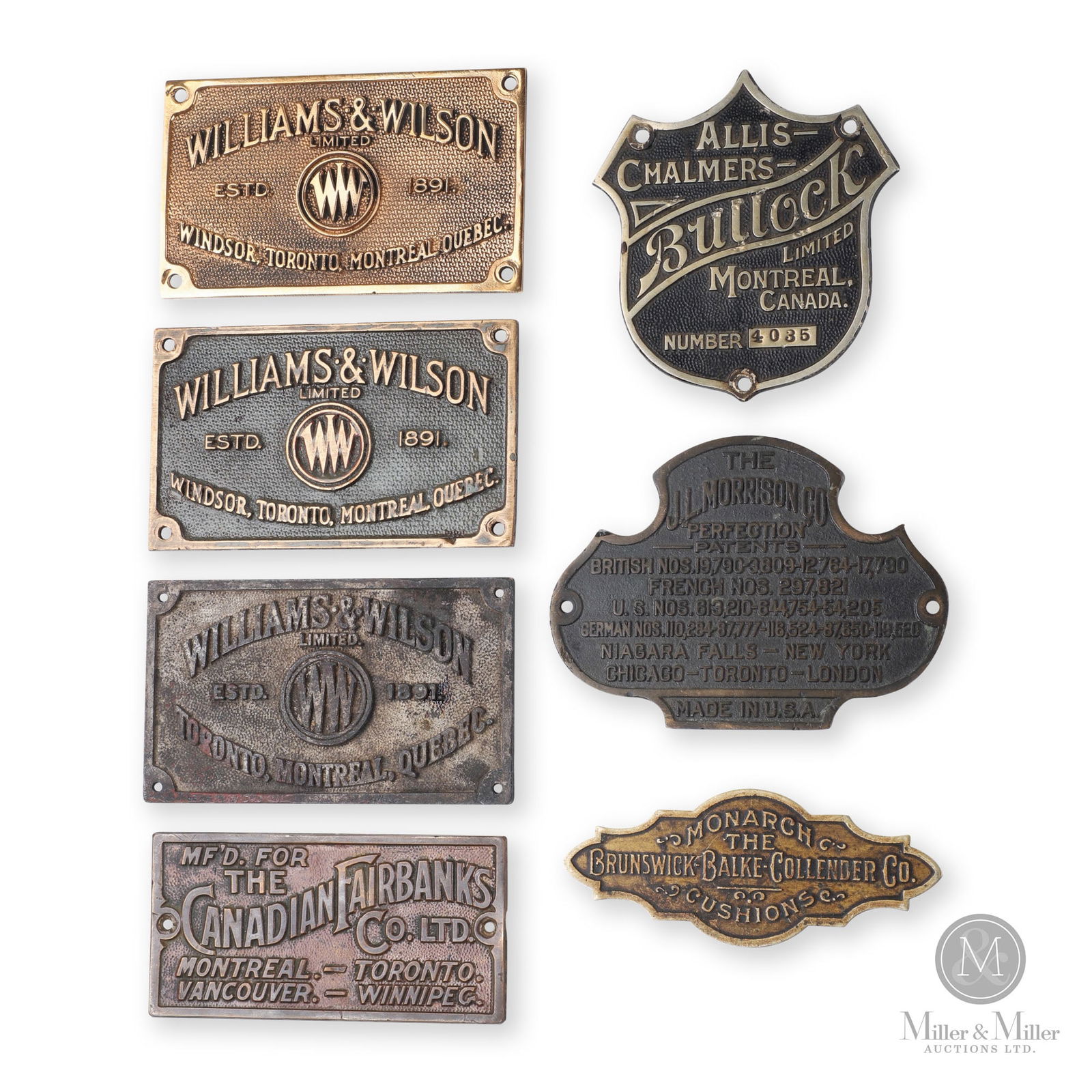 Canadian Machinery Tags: American and Canadian. 1910s-1930s. Cast brass. Ranges in length from 4" to 4.25". From the William Robert Wilson Collection.