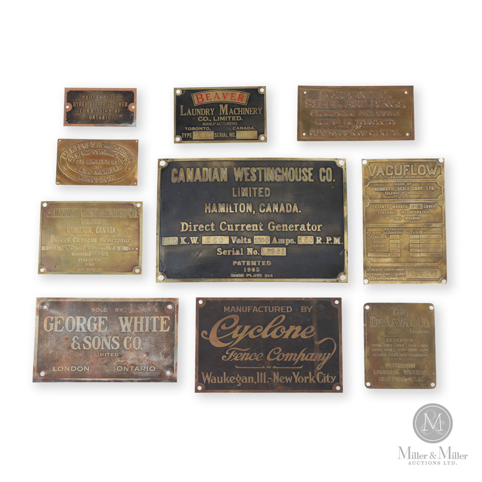 Canadian Machinery & Equipment Tags: American and Canadian. 1930s-1940s. Brass. Ranges in length from 3" to 7.75". From the William Robert Wilson Collection.