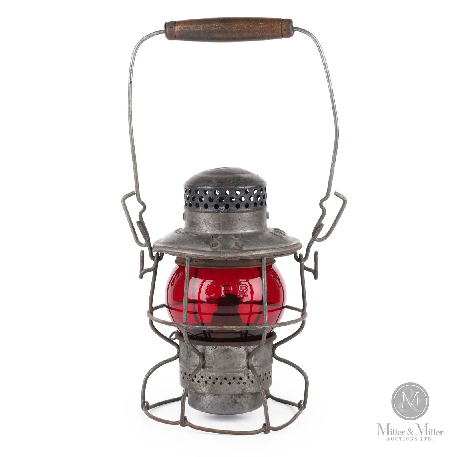 H.L. Piper CPR Brakeman's Lantern: Canadian. 1930s. Steel frame with embossed glass globe. Marked, "Hiram L. Piper Co. Ltd. CPR", on top of frame. Marked, "Adlake-Kero 2-50 Patented USA Canada", on the underside. Marked, "RD.1924 H.L.