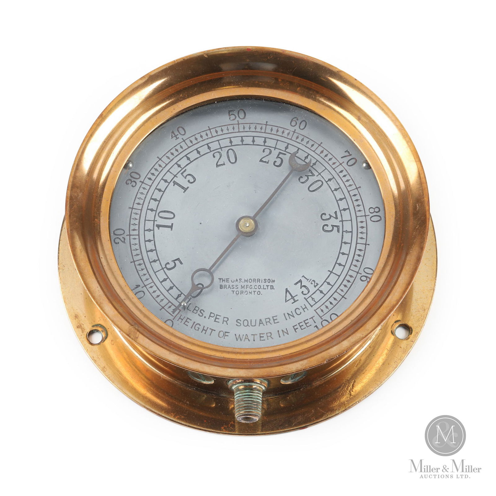 Morrison, Toronto Locomotive Steam Gauge: Canadian. 1920s. Brass. Marked, "The Jas. Morrison Brass Mfg. Co. Ltd. Toronto", lower edge. 7" x 2.5" with 5.5" dial. From the William Robert Wilson Collection.