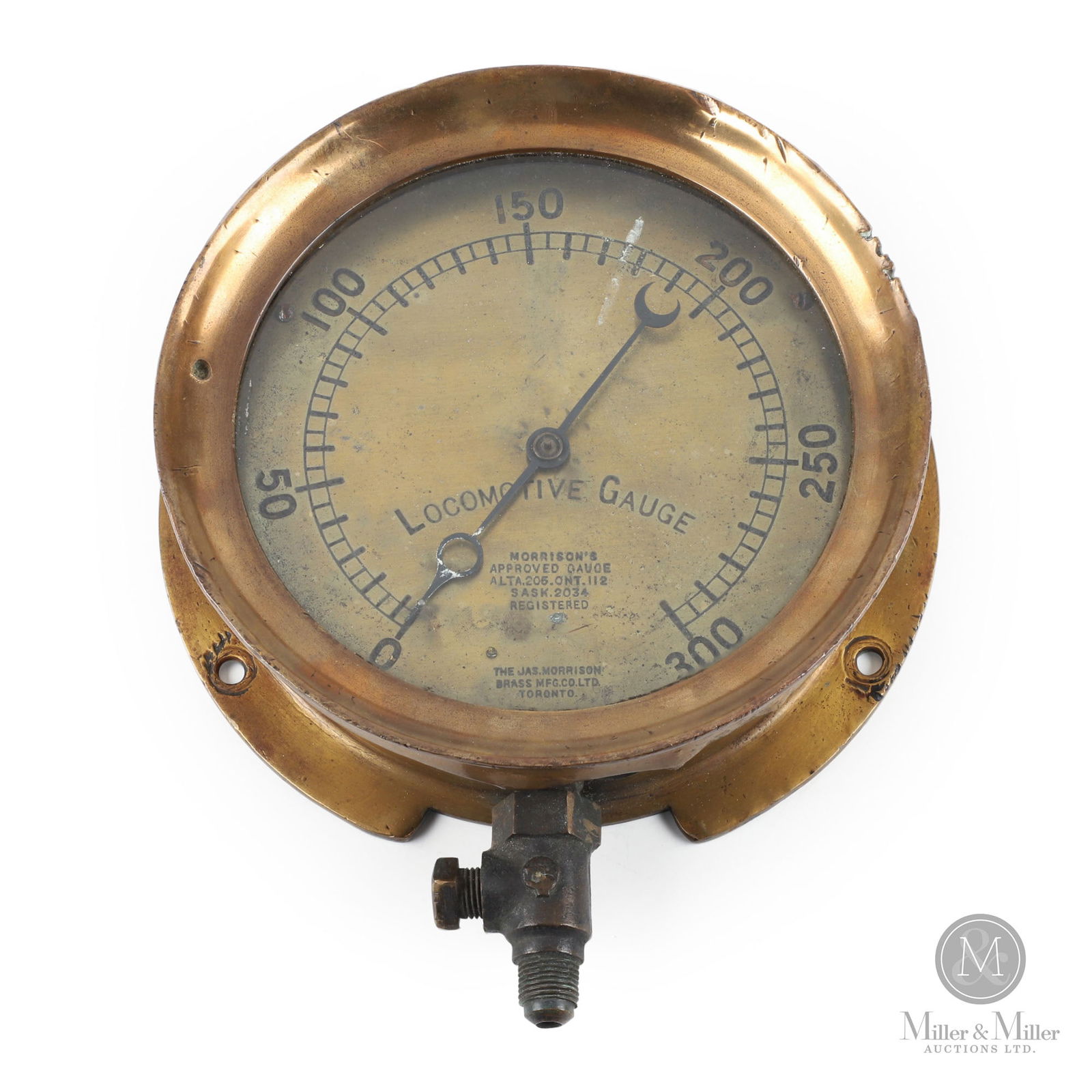 Morrison, Toronto Locomotive Steam Gauge: Canadian. 1920s. Brass. Marked, "The Jas. Morrison Brass Mfg. Co. Ltd. Toronto", lower edge. 8" x 2.75" with 6.5" dial. From the William Robert Wilson Collection.