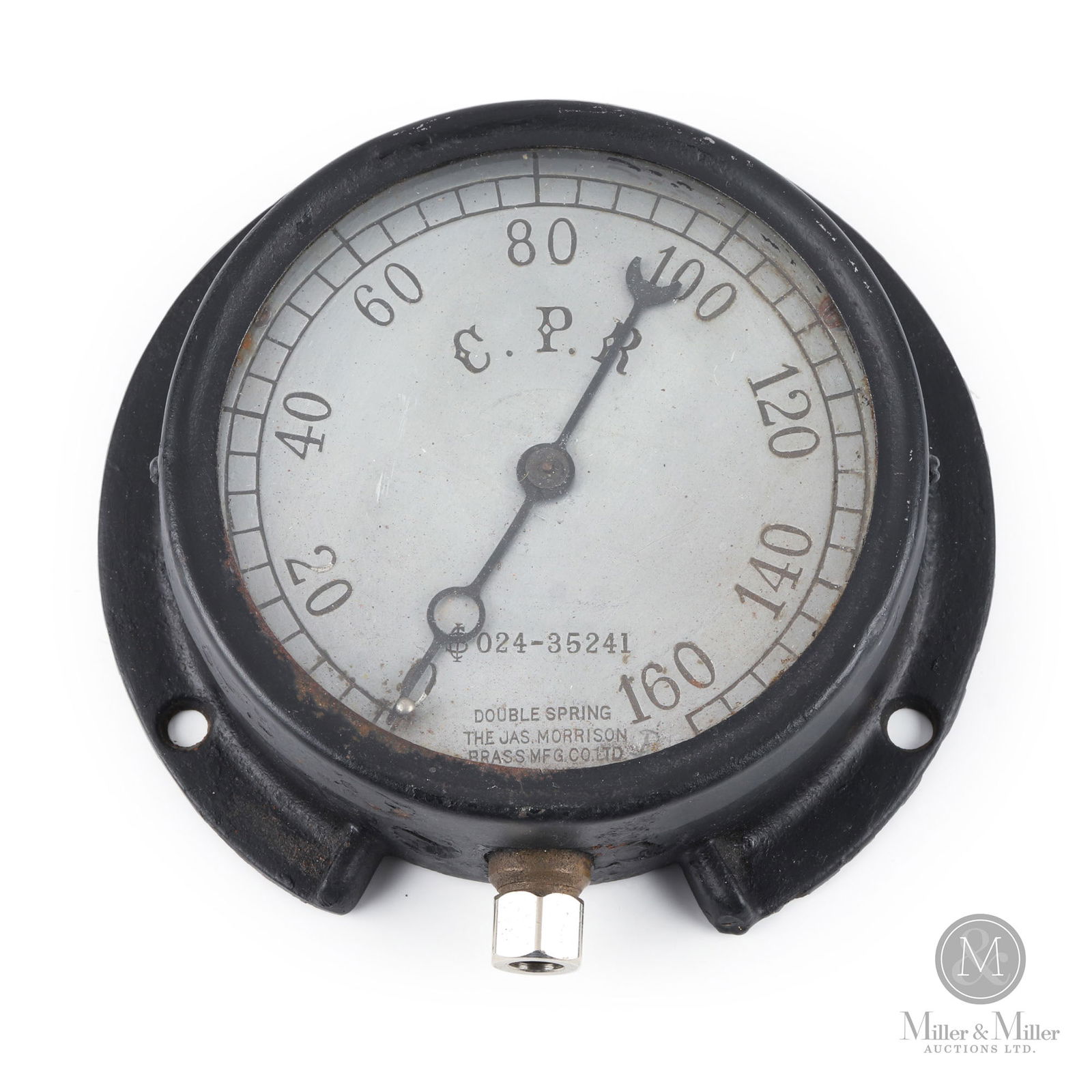 Morrison, Toronto CPR Steam Gauge: Canadian. 1930s. Painted cast, metal case. Marked, "The Jas. Morrison Brass Mfg Co. Ltd Makers Toronto", on lower center dial. 4.75" dial. Overall: 6.5" x 6.5" x 2". From the William Robert Wilson Col