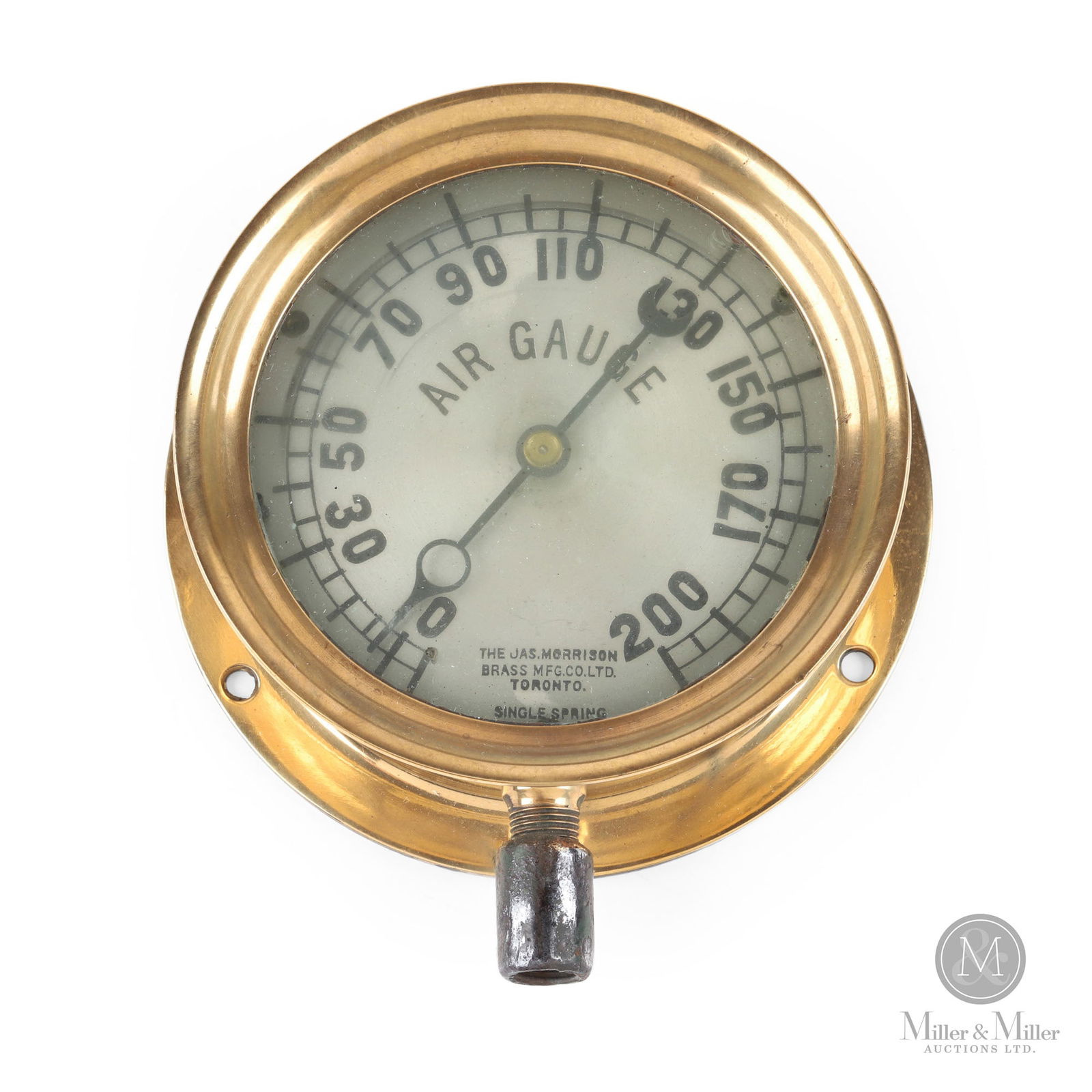 Morrison, Toronto Locomotive Air Gauge: Canadian. 1920s. Brass. Marked, "The Jas. Morrison Brass Mfg. Co. Ltd. Toronto", lower edge. 6.25" x 2.25" with 5" dial. From the William Robert Wilson Collection.