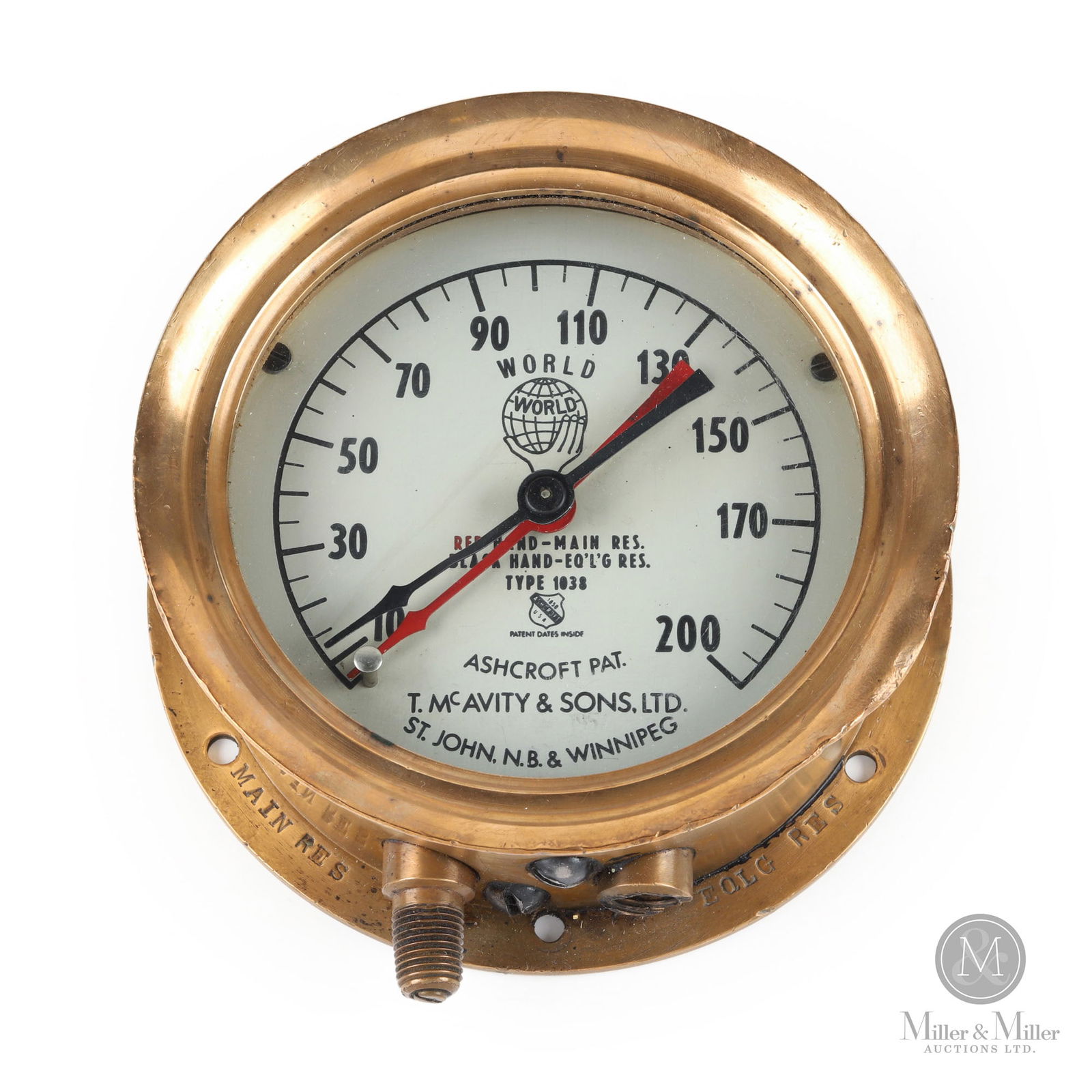 McAvity World Locomotive Steam Pressure Gauge: Canadian. 1940s. Brass. Marked, "Ashcroft Pat. T. McAvity & Sons, Ltd. St. John NB and Winnipeg", lower edge of dial. 6" x 2.75" with 4.7" dial. From the William Robert Wilson Collection.