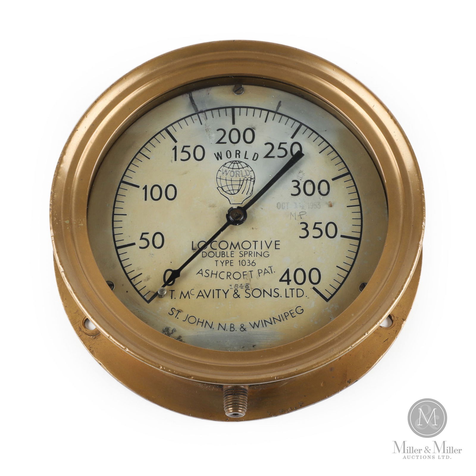 T. McAvity World Locomotive Steam Pressure Gauge: Canadian. 1940s. Metal case, brass bezel. Marked, "T. McAvity & Sons Ltd. St. John MB & Winnipeg', lower center edge. Each: 8.25" x 2.25" with 7" dial. From the William Robert Wilson Collection.