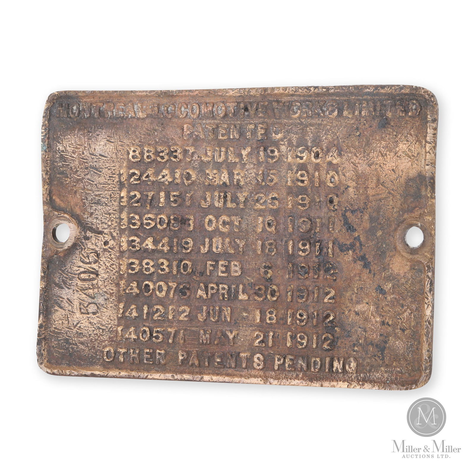 Montreal Locomotive Works Builder's Plate No. 3486: Canadian. 1910s. Stamped brass. Stamped, "54057", on front. Written, "3486", on rear. 5.5" x 8" x 0.12". From the William Robert Wilson Collection.