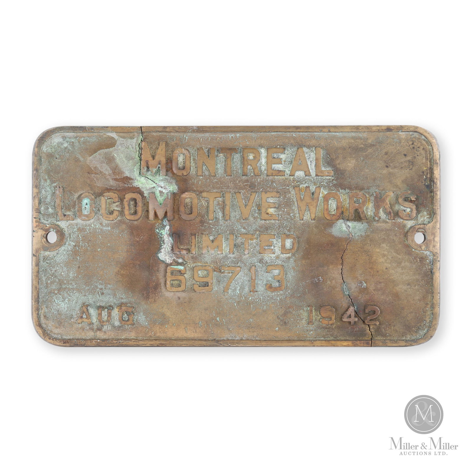 Montreal Locomotive Works 1942 Builder's Plate No. 69713: Canadian. 1942. Cast brass. Brass. Locomotive that it came from - CN 6215. 484 Northern. Class U-2-g. Built by Montreal Locomotive Works in Aug 1942. Serial number 69713. Scrapped June 1961. 7.5" x 14