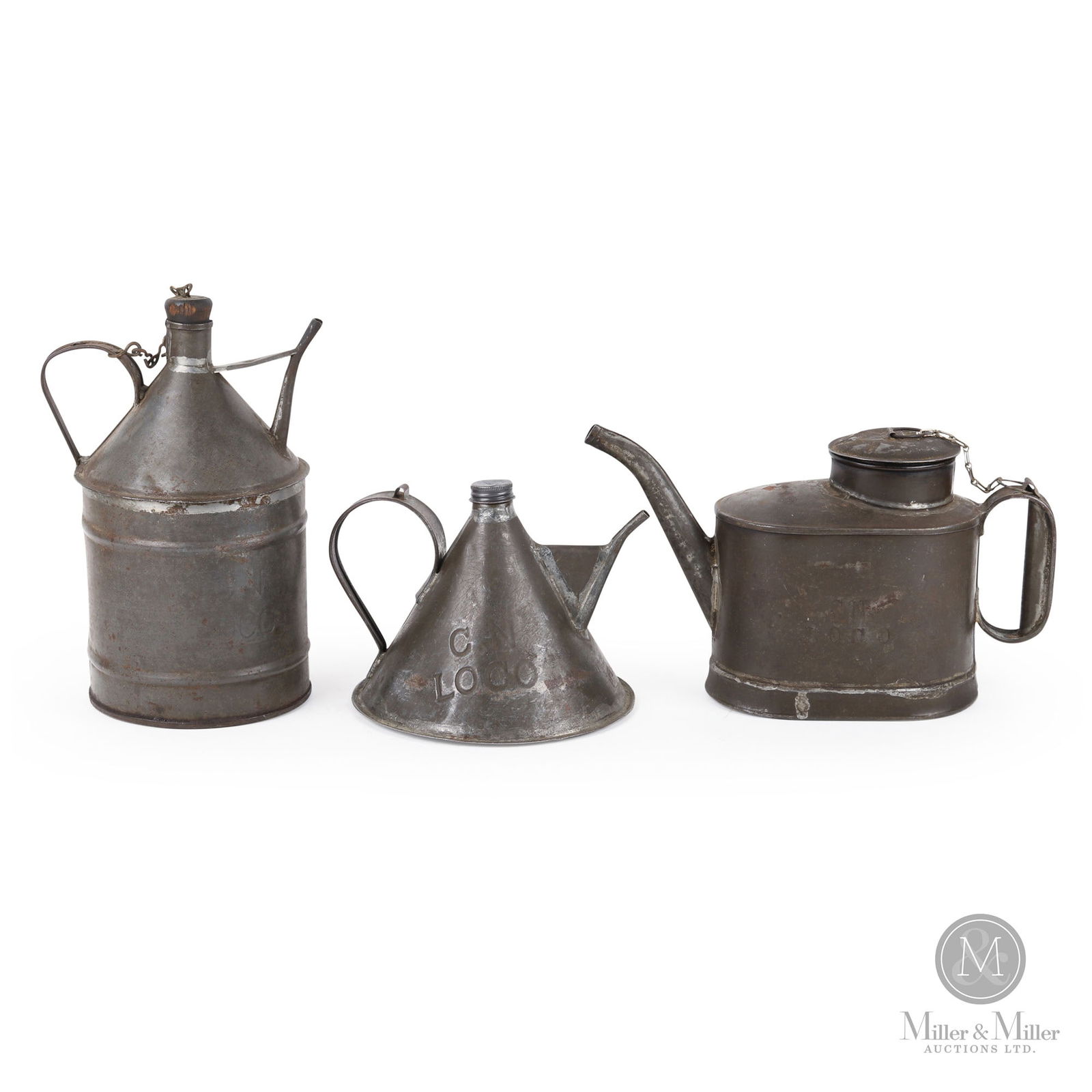 Canadian Northern Railway Locomotive Oil Cans: Canadian. 1920s. Metal. Stamped, "C.N. Loco", mid-center of each. Ranges in height from 5.5" to 10.25". From the William Robert Wilson Collection.