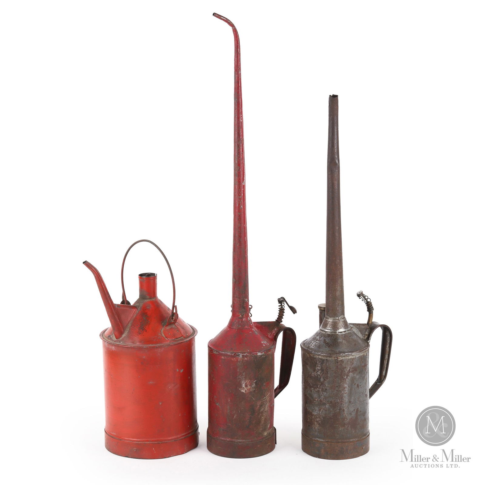 Grand Trunk Railway Oil Can & Long Spout Oilers: Canadian. 1900s. Metal. Stamped, "No.1 GTR, No.2 GTR GTR", on mid-center and top center. Ranges in height from 12" to 26.5". From the William Robert Wilson Collection.