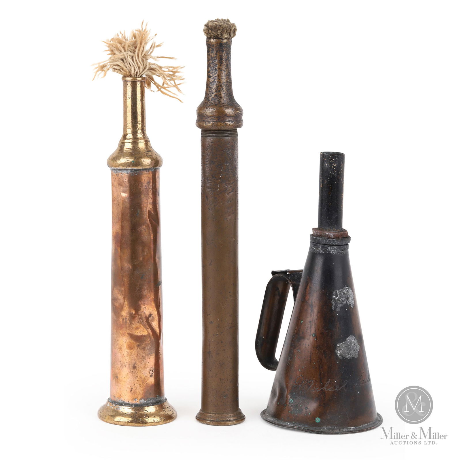 Locomotive Inspection Torches: Canadian. 1890s-1910s. Solid copper, brass. Scribed, "Michael Leehan", in script on side of conical example. Ranges in height from 10.75" to 16". From the William Robert Wilson Collection.