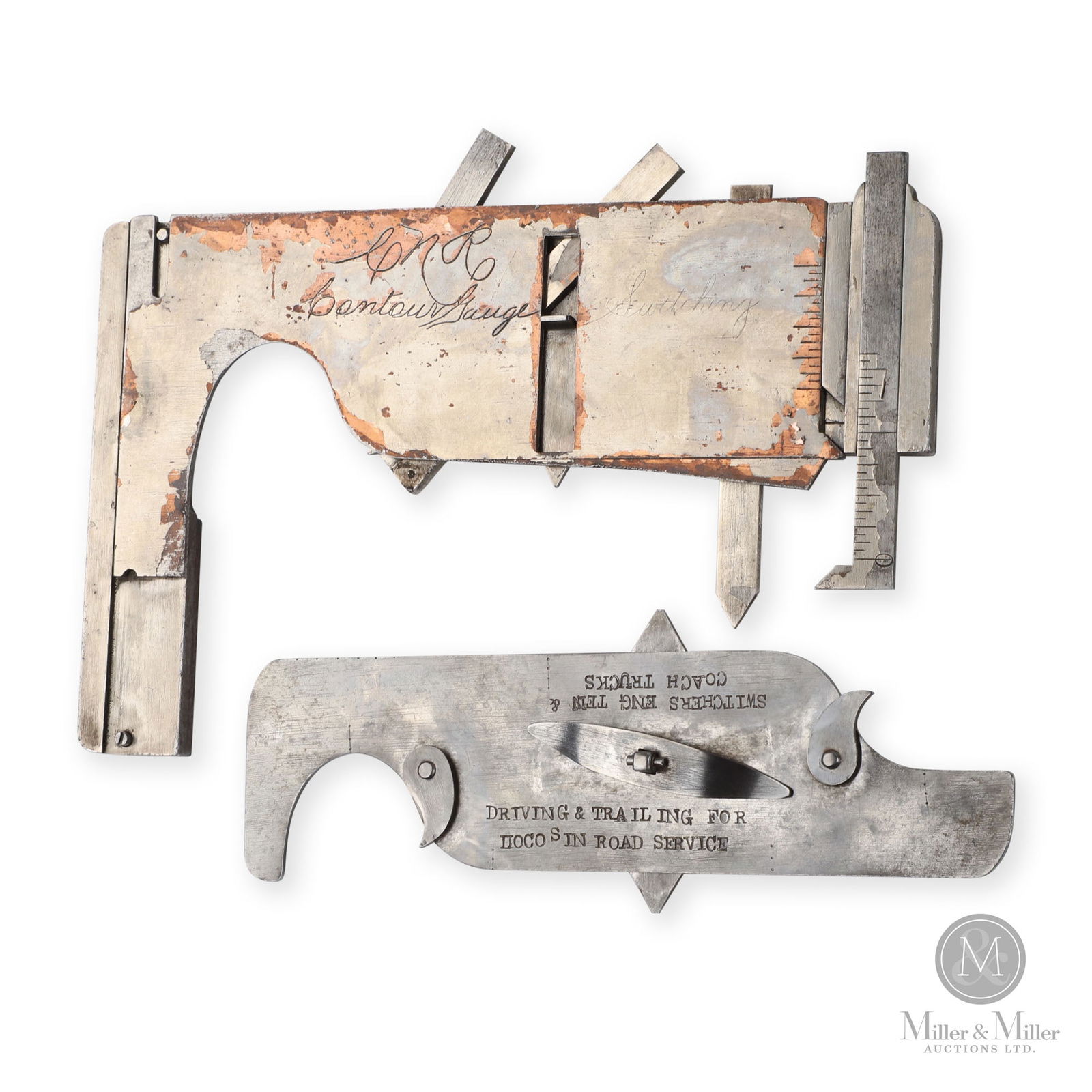 Canadian National Railways Wheel Contour Gauges: Canadian. 1930s. Metal. Reportedly used in the CNR roundhouse in Stratford. 6.5" x 2.25" and 7.25" x 4.5". From the William Robert Wilson Collection.