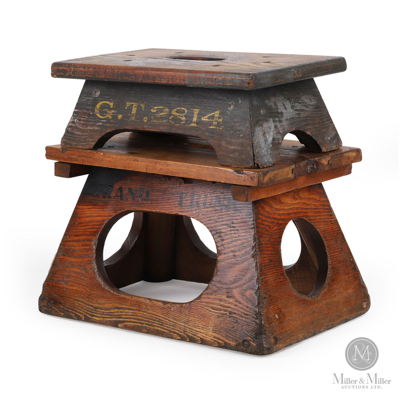 Grand Trunk Railway Trainmen's Step Boxes: Canadian. 1900s-1920s. Hardwood with stenciled script. Stenciled, "Grand Trunk", on one. Stenciled, "G.T.2814", on one. 5" x 14" x 9" and 9.75" x 15" x 10". From the William Robert Wilson Collection.