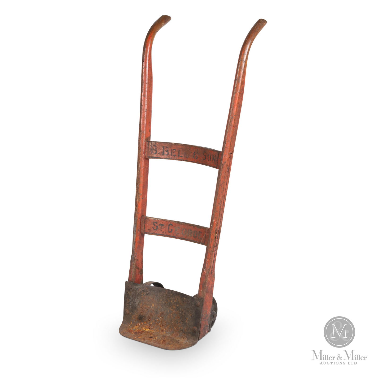 B. Bell & Son St. George Hand Truck: Canadian. 1920s. Painted wood with cast components. Marked, on cross members. 43" x 18.75" x 17". From the William Robert Wilson Collection.