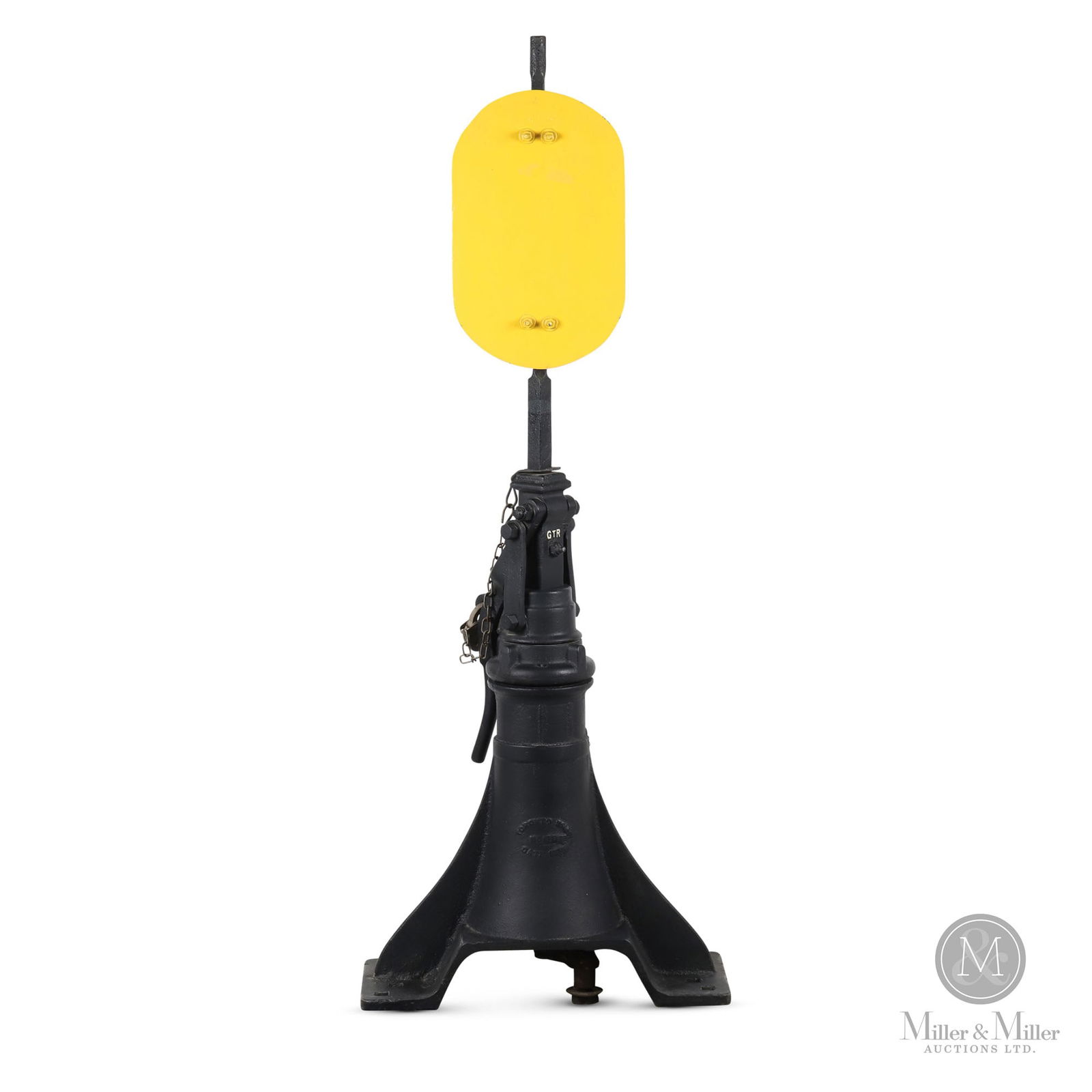 Grand Trunk Railway Switch Stand: Canadian. 1940s. Cast metal base with painted metal indicator. Marked, "Toronto Shops", on base. 65" x 24" x 11". From the William Robert Wilson Collection.