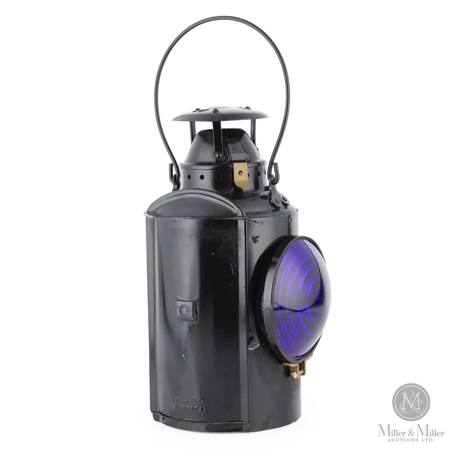 H.L. Piper Railway Lantern: Canadian. 1930s. Metal frame, embossed glass globe. Marked, "HLPM" and "CNR Piper Montreal", on frame. 13.75" x 6.5" x 6.5". From the William Robert Wilson Collection.