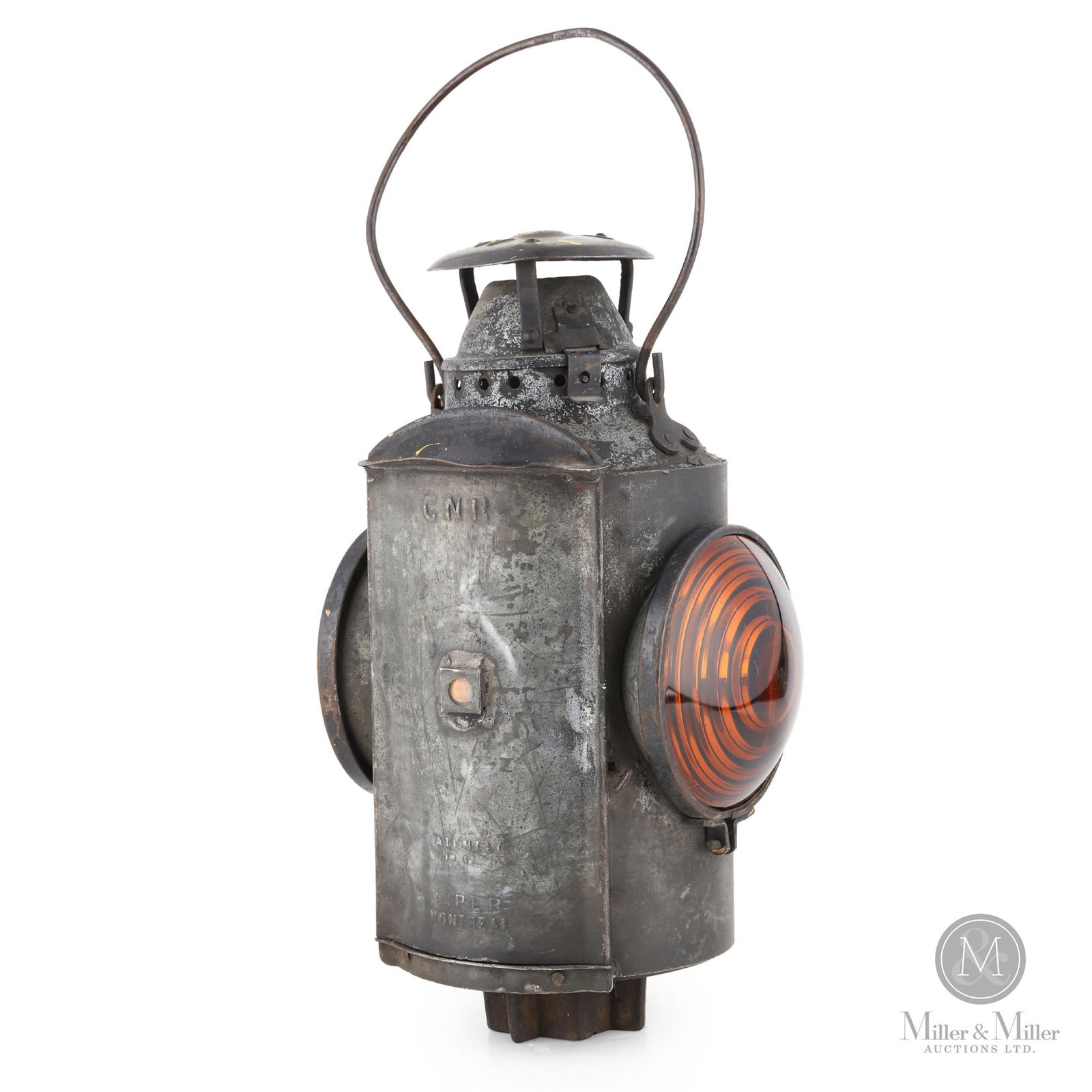 H.L. Piper CNR Railway Lantern: Canadian. 1920s. Metal frame, embossed glass globe. Marked, "HLPM", on the top of the frame. 15.25" x 6.75" x 6.75". From the William Robert Wilson Collection.