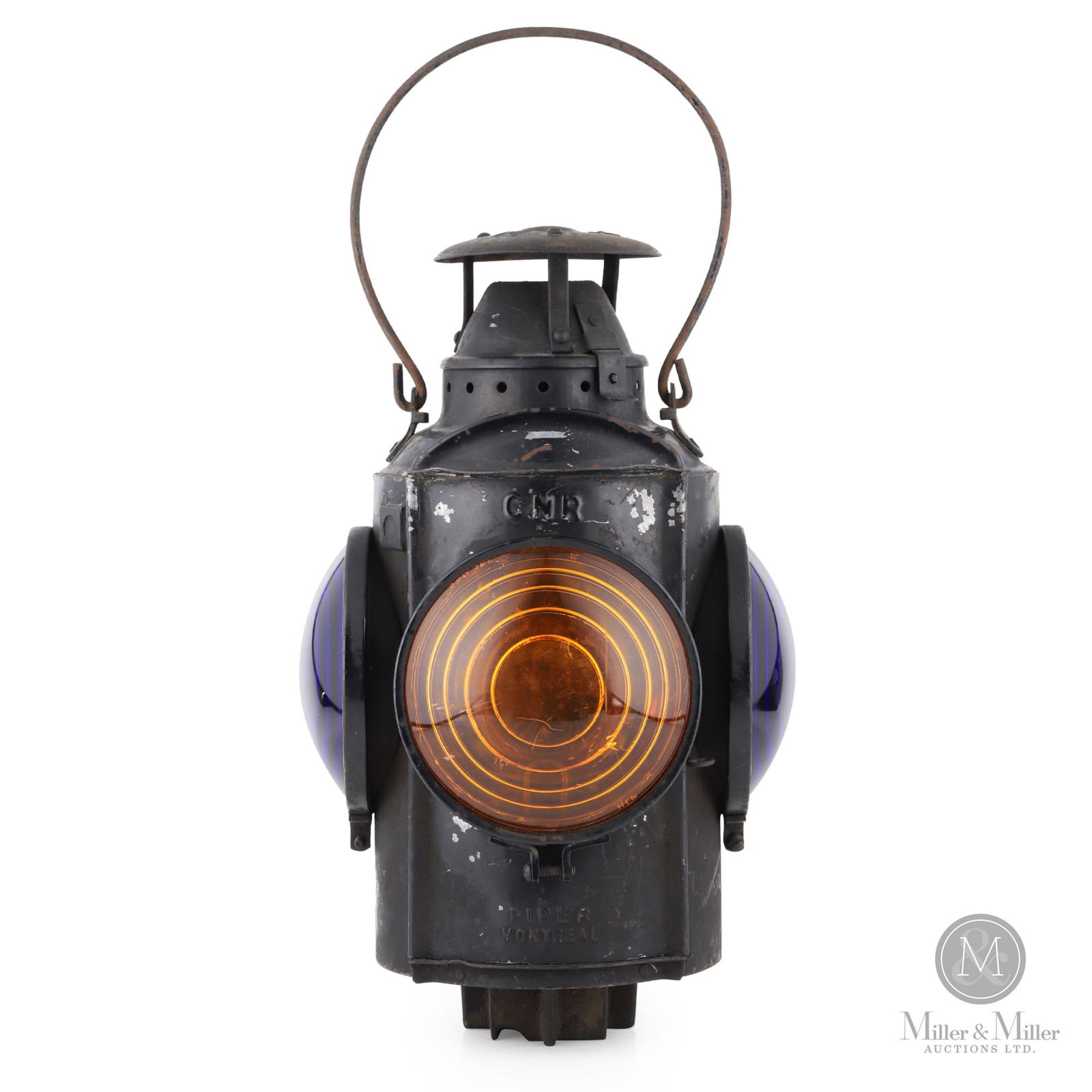 H.L. Piper CNR Railway Lantern: Canadian. 1930s. Metal frame, embossed glass globe. Marked, "HLPM" and "CNR Piper Montreal", on frame. 15.5" x 6.75" x 6.75". From the William Robert Wilson Collection.