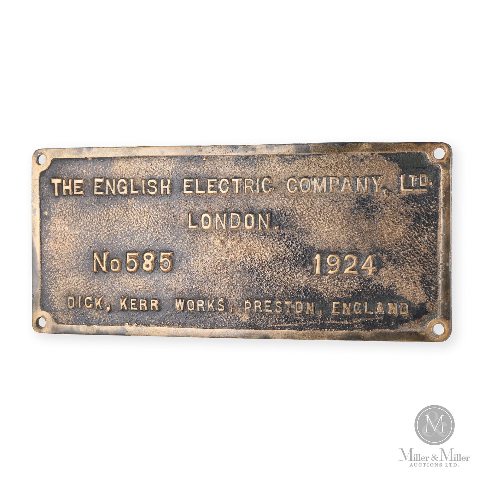 English Electric Co. 1924 Locomotive Builder's Plate No. 585: Canadian. 1924. Cast brass. Removed from CN6719 2400 Volt DC Locomotive, Pointe St. Charles, January, 1973. 4.5" x 10.5" x 0.25". From the William Robert Wilson Collection.
