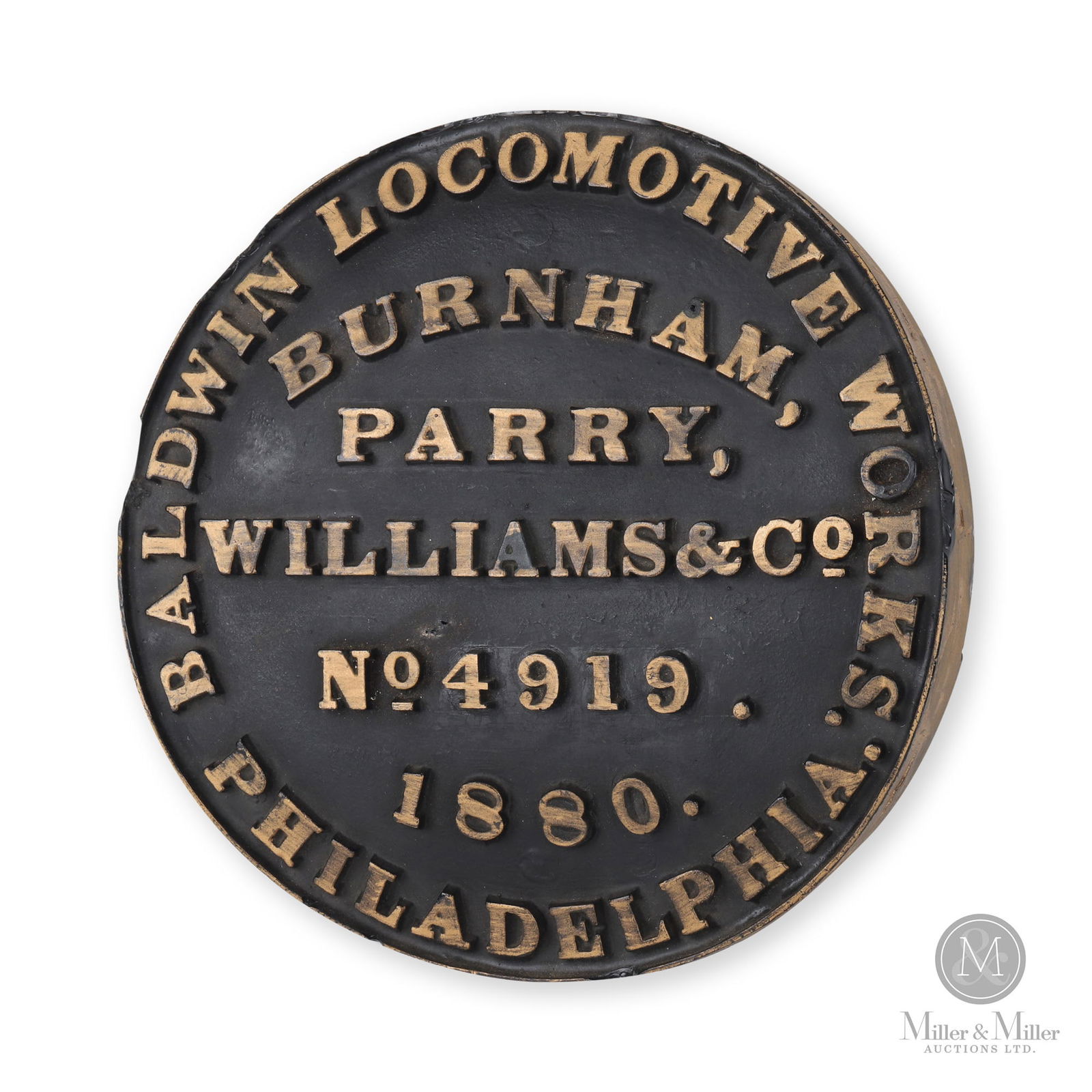 Baldwin Locomotive Co. No. 4919 Builder's Plate Mold: American. 1880s. Moulded resin, painted. 11.75" Dia x 1.25". From the William Robert Wilson Collection.