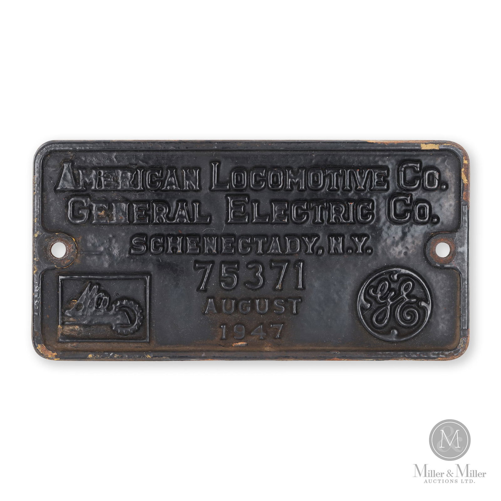 American Locomotive Co. 1947 CNR Builder's Plate No. 75371: Canadian. 1947. Cast iron. Likely Canadian National 8121 BHALCO 1947. 6" x 12" x 0.25". From the William Robert Wilson Collection.