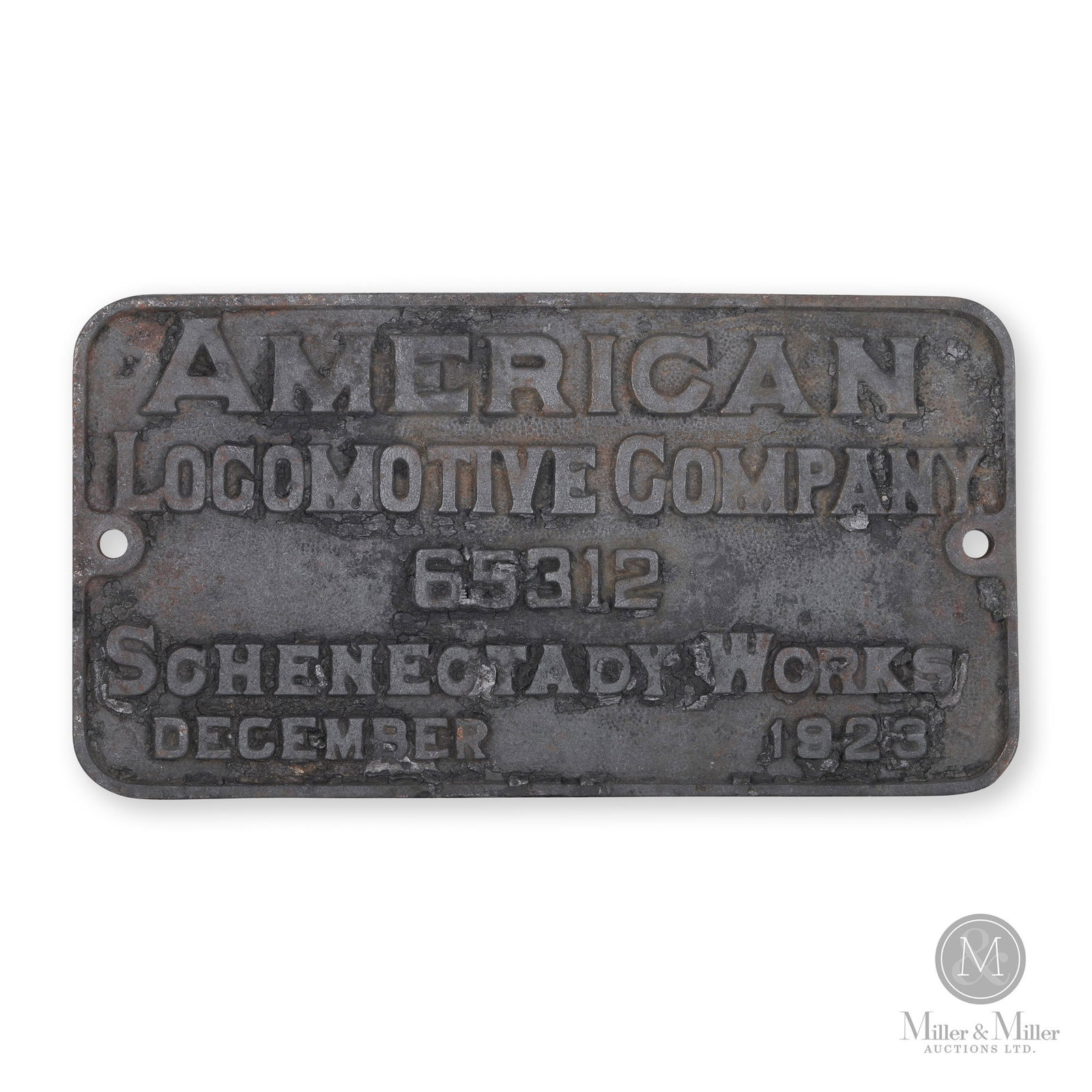 American Locomotive Co. 1923 Builder's Plate No. 65312: American. 1923. Cast iron. From CN 8297. 080 Switcher. Class P-5-a. Built by Alco in Dec 1923. Serial number 65312. Built as central Vermont Railway 503. Scrapped AUG 1961. Marked, "LG7385", at the ce