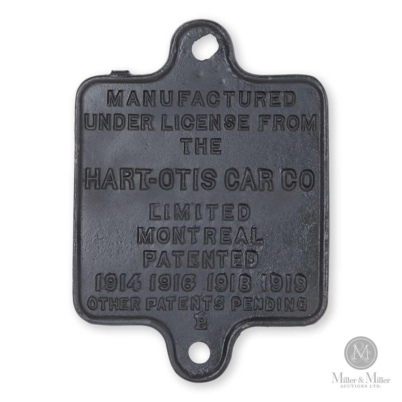 Hart-Otis Car Co. Train Car Builder's Plate: Canadian. 1920s. Cast iron. Marked, "HOCCO", top rear half. 14" x 9.75" x 0.25". From the William Robert Wilson Collection.