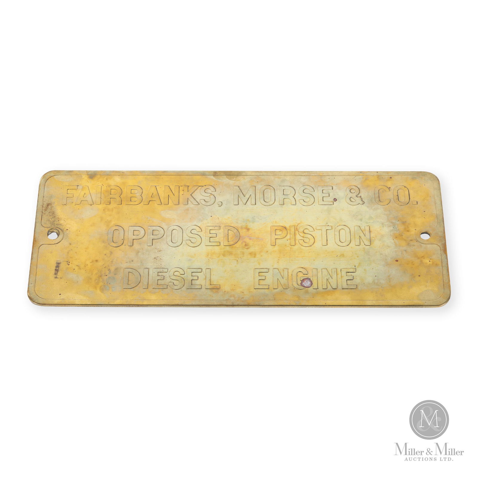 Fairbanks, Morse, & Co. "Baby Trainmaster" Diesel Engine Plate: Canadian. 1950s. Stamped brass. Fairbanks-Morse Locomotives produced a total of 59 units from 1951 to 1958. 6" x 15.25" x 0.12". From the William Robert Wilson Collection.
