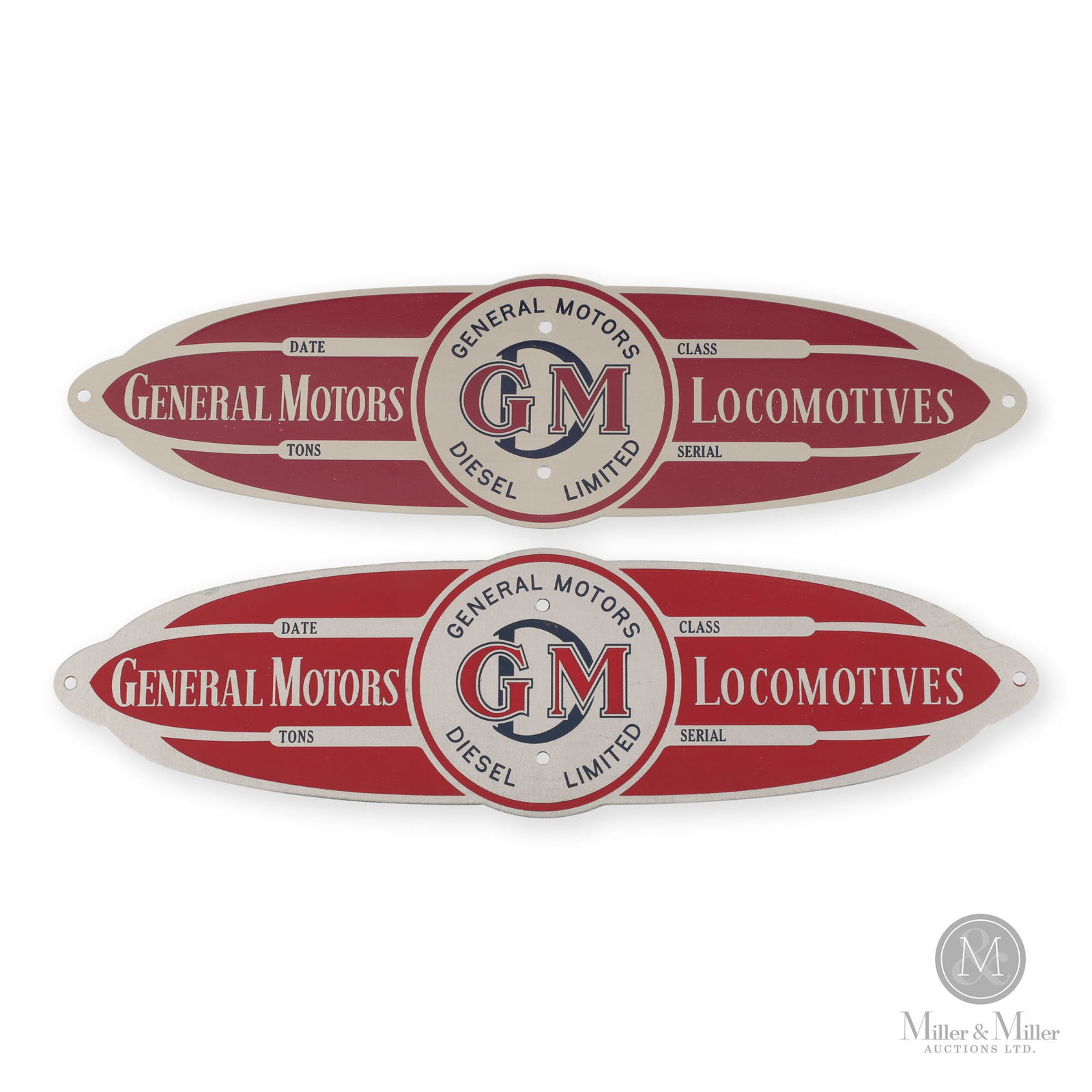 General Motors Diesel Locomotive "Hotdog" Builder's Plates: Canadian. 1960s. Single-sided stamped metal. Each: 4.25" x 15". From the William Robert Wilson Collection.