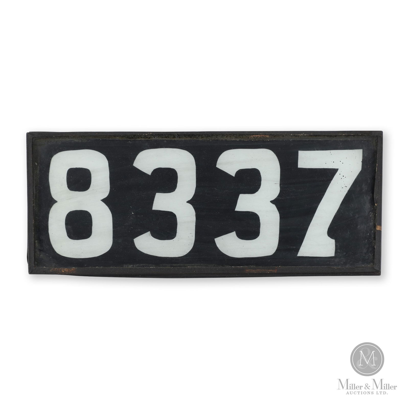 Canadian National Backlit Locomotive Number Board 8337: Canadian. 1928. Glass. 080 Switcher. Class P-5-d. Built by CN in Point St. Charles, Montreal in Feb 1928. Serial Number 1585. Scrapped Aug 1961. 8" x 19.5" x 0.25". From the William Robert Wilson Coll