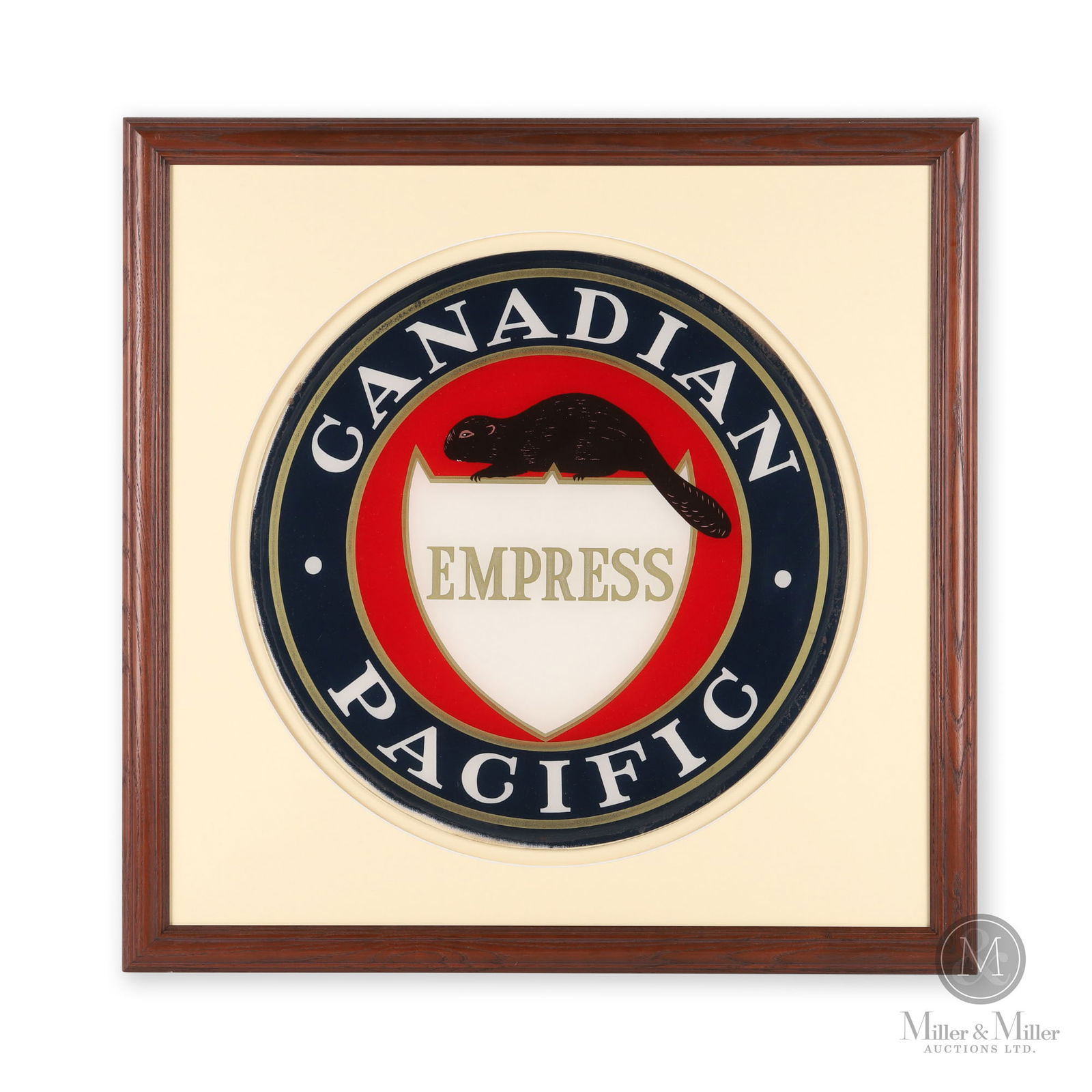 Canadian Pacific Railway "Empress" Drum Head Sign: Canadian. 1950s. Reverse-screened acrylic. Sight: 16.25" Dia. Frame: 23" x 23" x 0.75". From the William Robert Wilson Collection.
